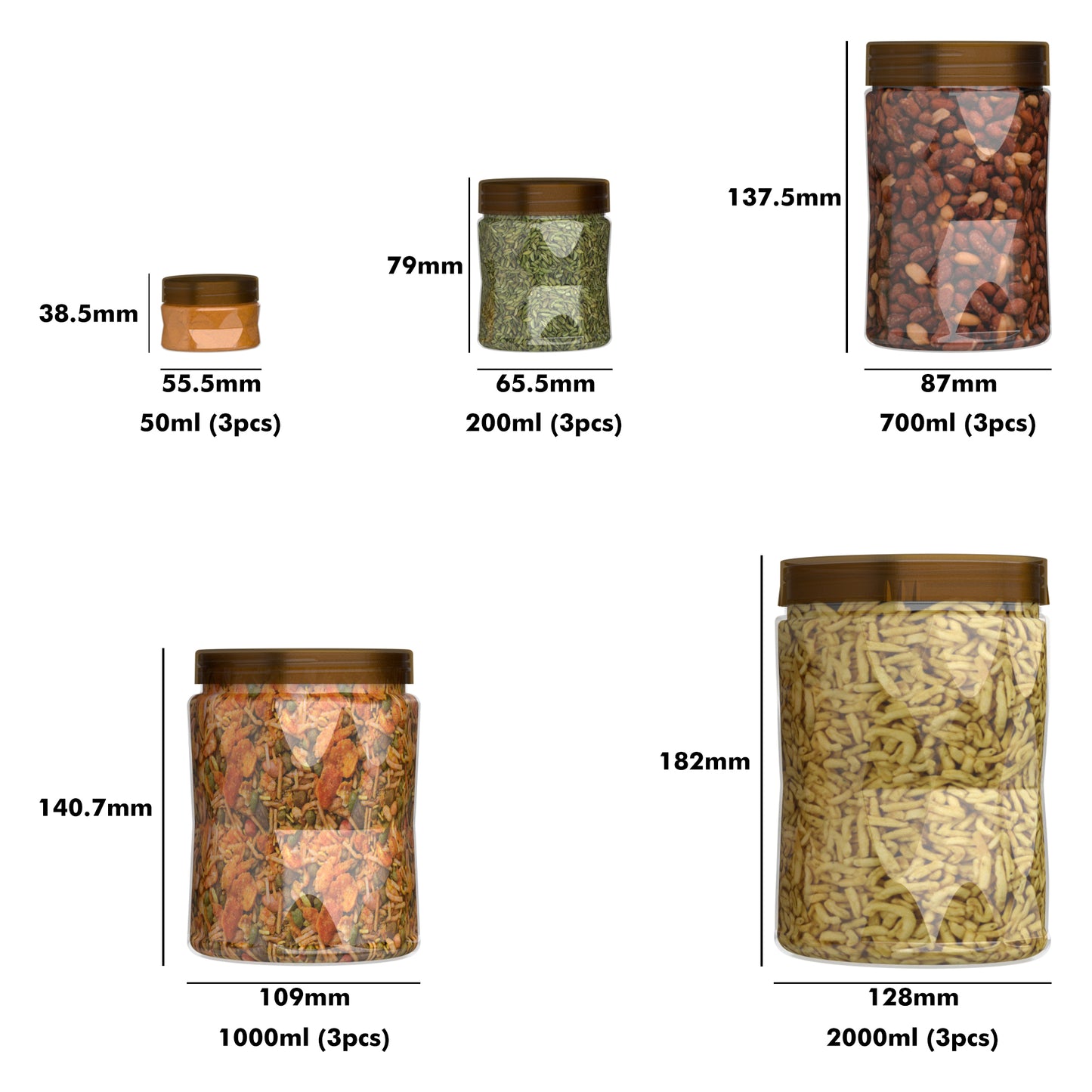 G-PET Diamonds Jars Plastic Container Coffee Cap (Set Of 15B) 2000ml (3pcs), 1000ml (3pcs), 700ml (3pcs), 200ml (3pcs), 50ml (3pcs)