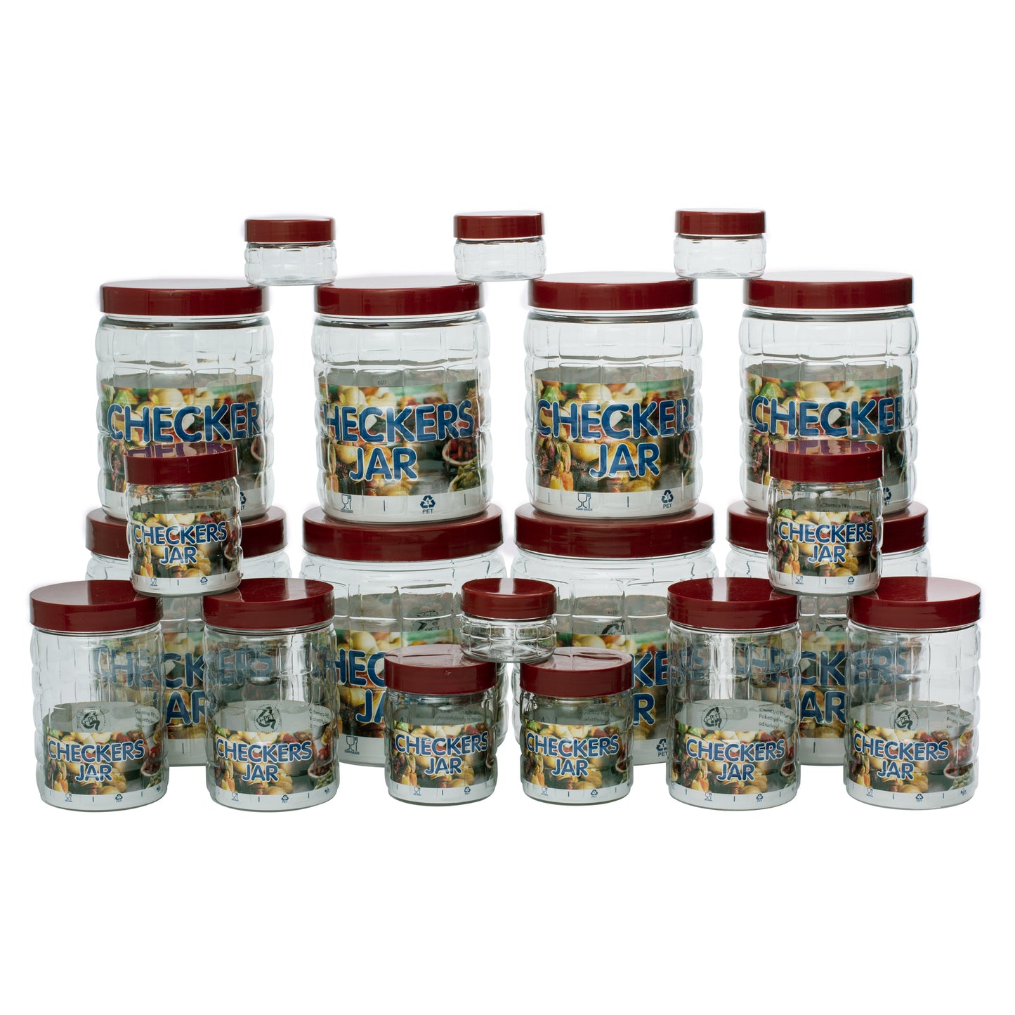 Checkers Jars Plastic Container Brown Cap (Set of 20) 1800ml, 1200ml, 450ml, 200ml, 50ml