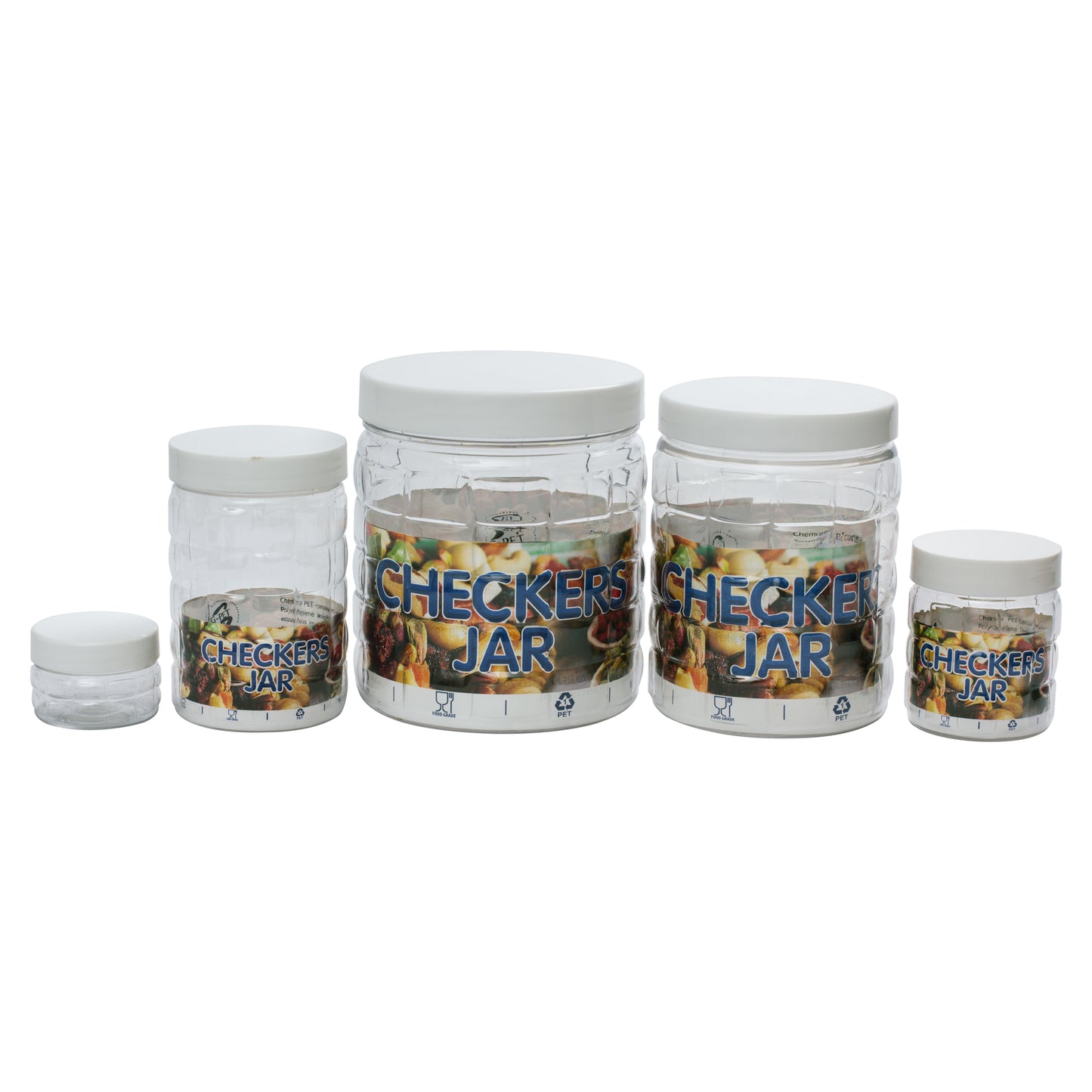 Checkers Jars Plastic Container White Cap (Set of 20) 1800ml, 1200ml, 450ml, 200ml, 50ml