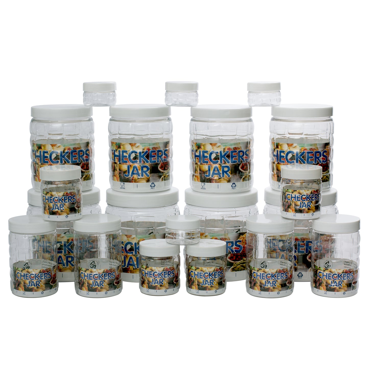 Checkers Jars Plastic Container White Cap (Set of 20) 1800ml, 1200ml, 450ml, 200ml, 50ml