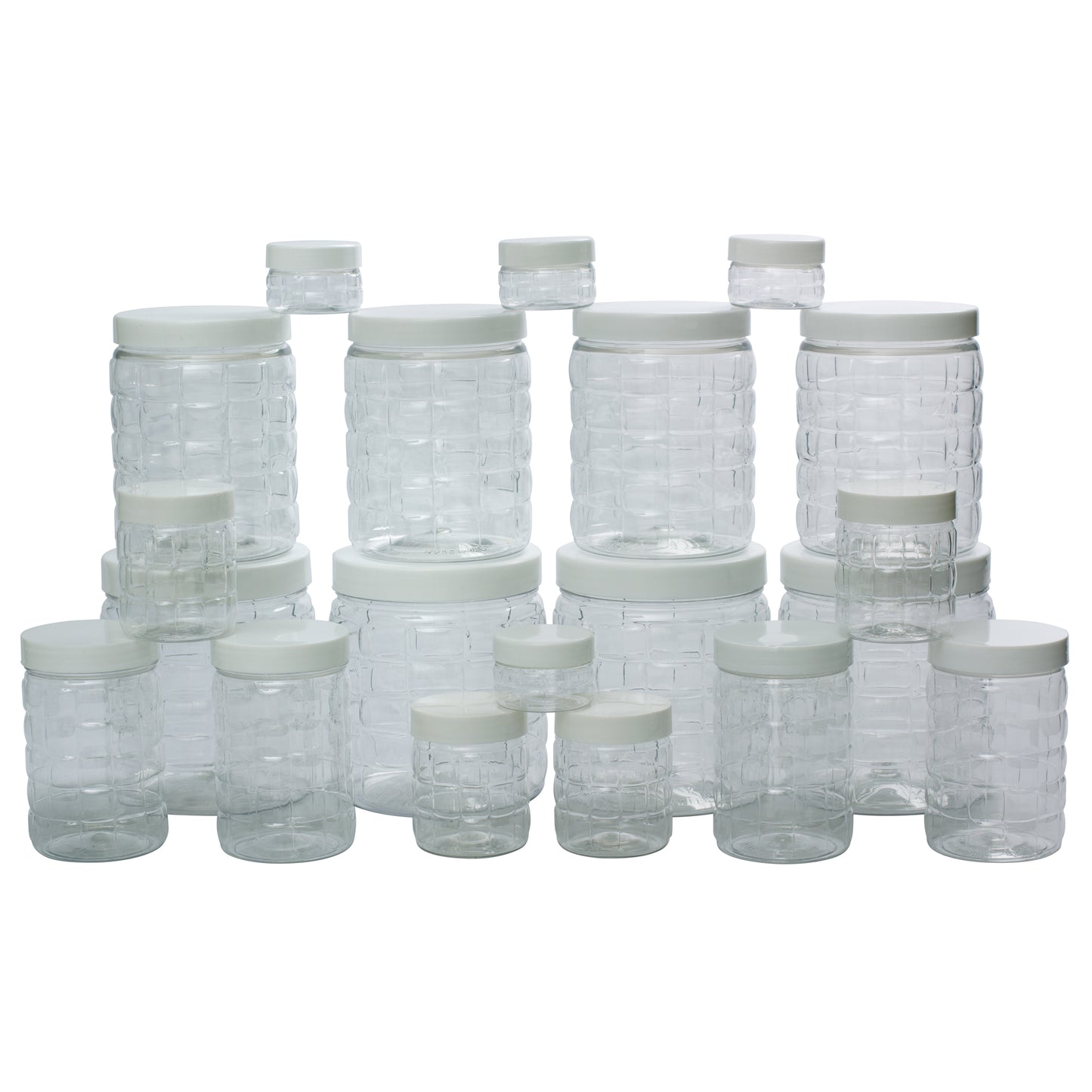 Checkers Jars Plastic Container White Cap (Set of 20) 1800ml, 1200ml, 450ml, 200ml, 50ml