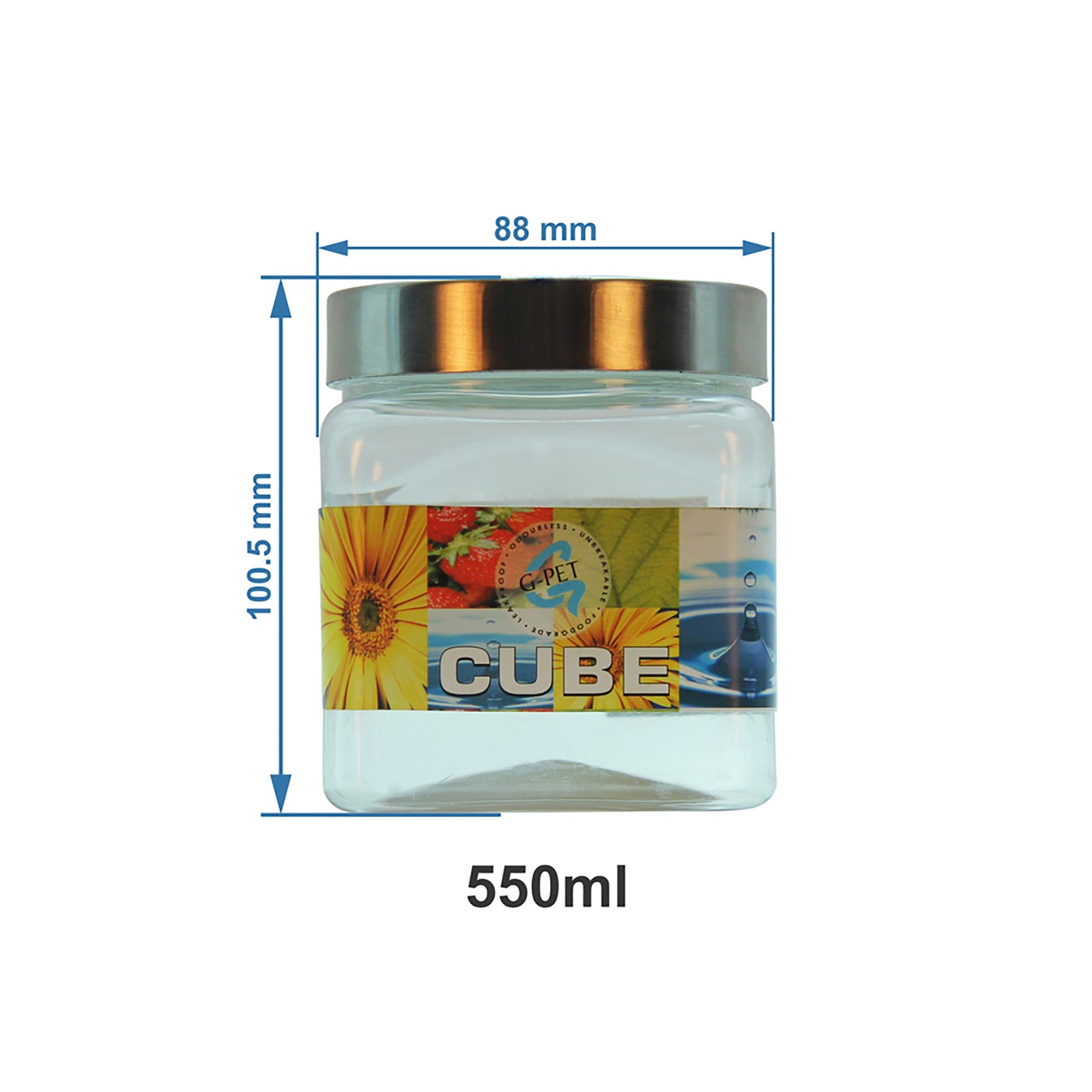 Cube PET Jar / Container PET Plastic Airtight Container with Steel Cap (3, 500ML)