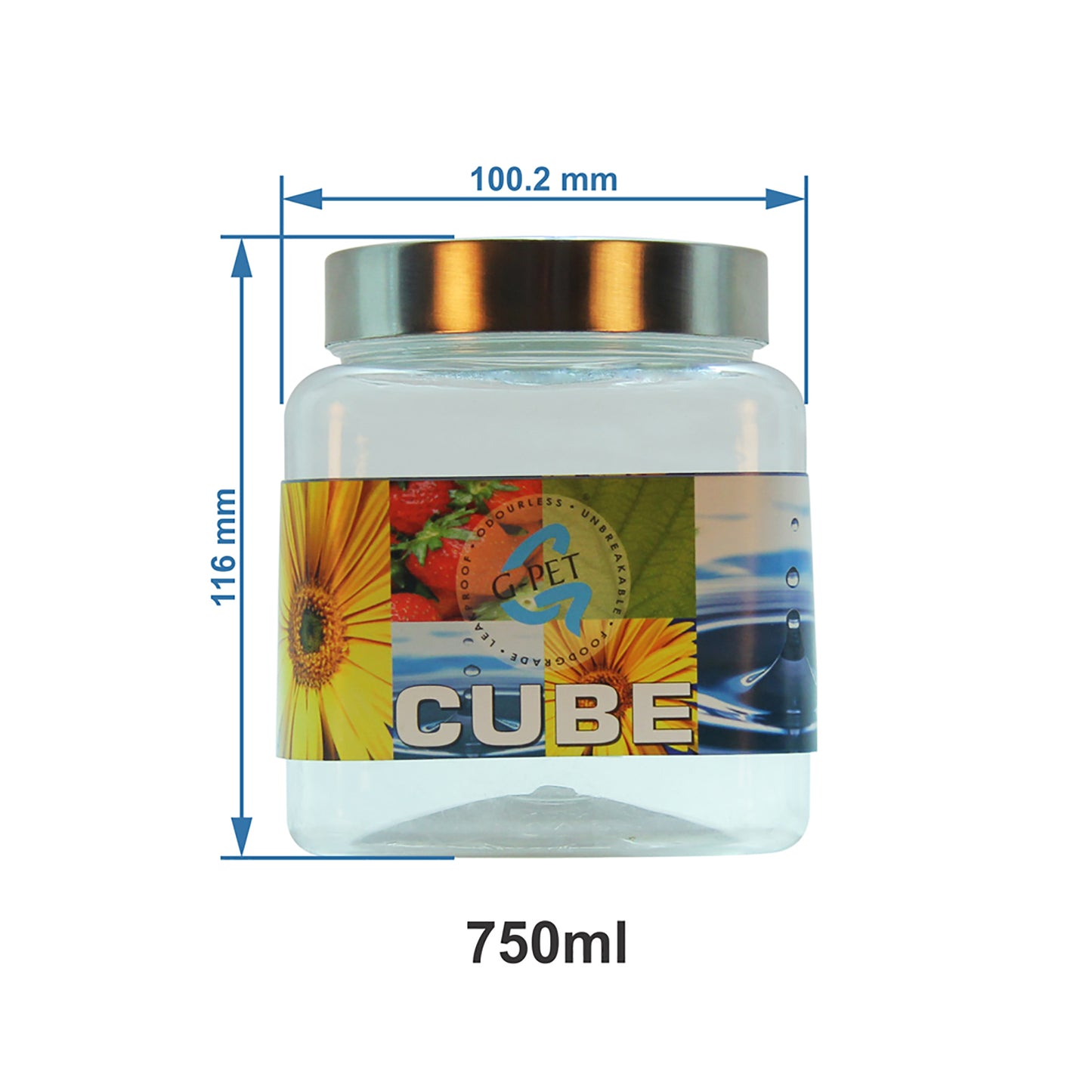 Cube PET Jar / Container PET Plastic Airtight Container with Steel Cap (3, 750ML)