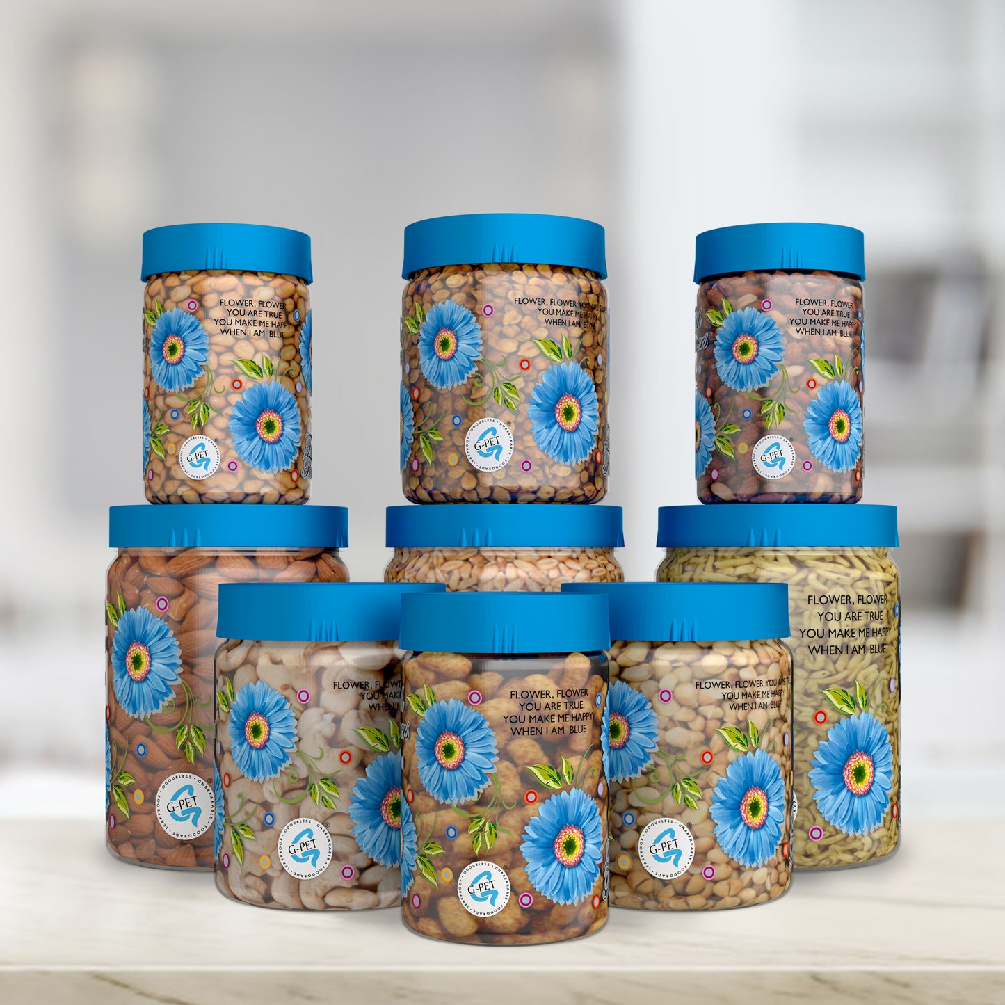 Print Magic Container Blue Pack of 9 - 2000ml (3 pcs), 1000ml (3 pcs), 750ml (3 pcs), Plastic Grocery Container