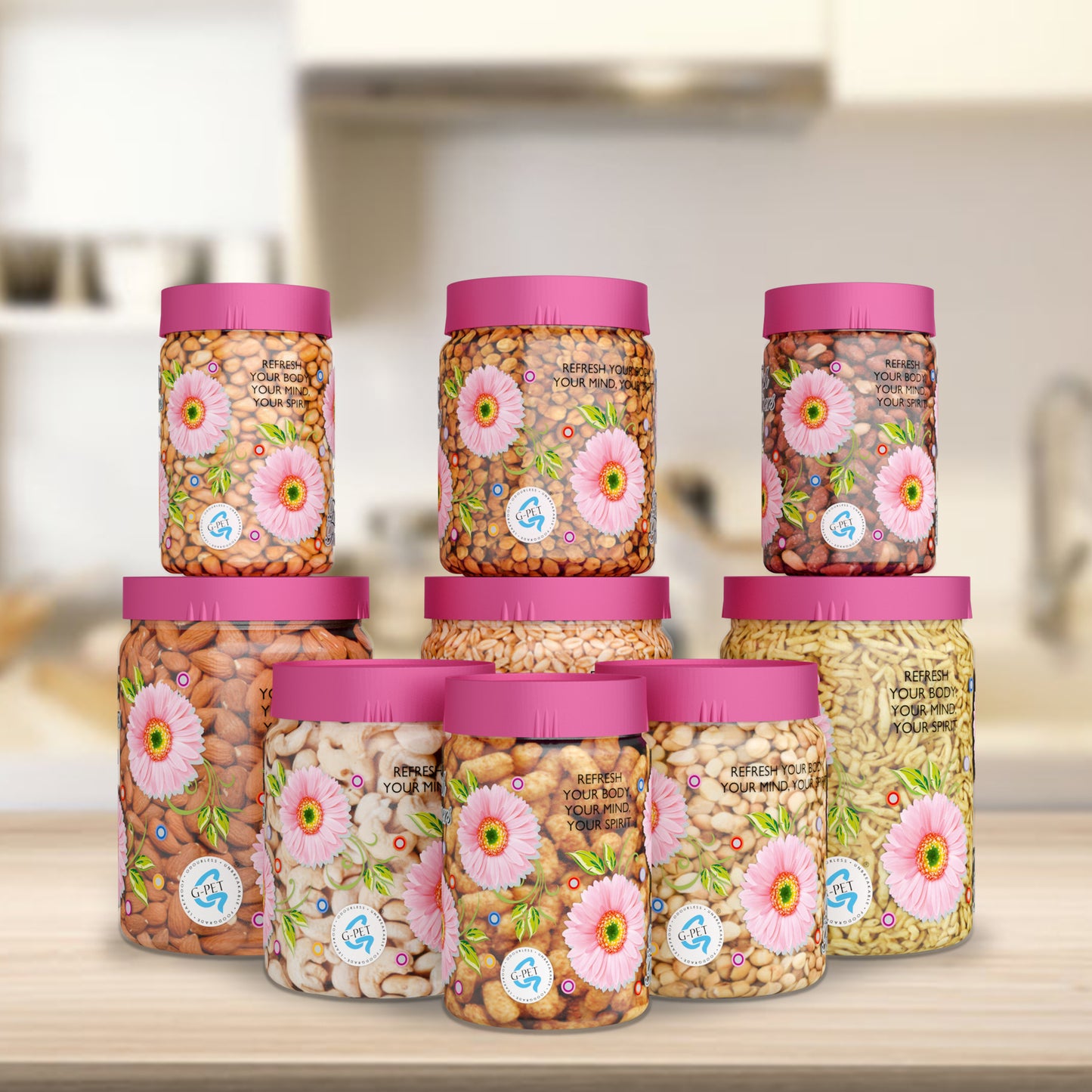 Print Magic Container Pink Pack of 9 - 2000ml (3 pcs), 1000ml (3 pcs), 750ml (3 pcs) Plastic Grocery Container