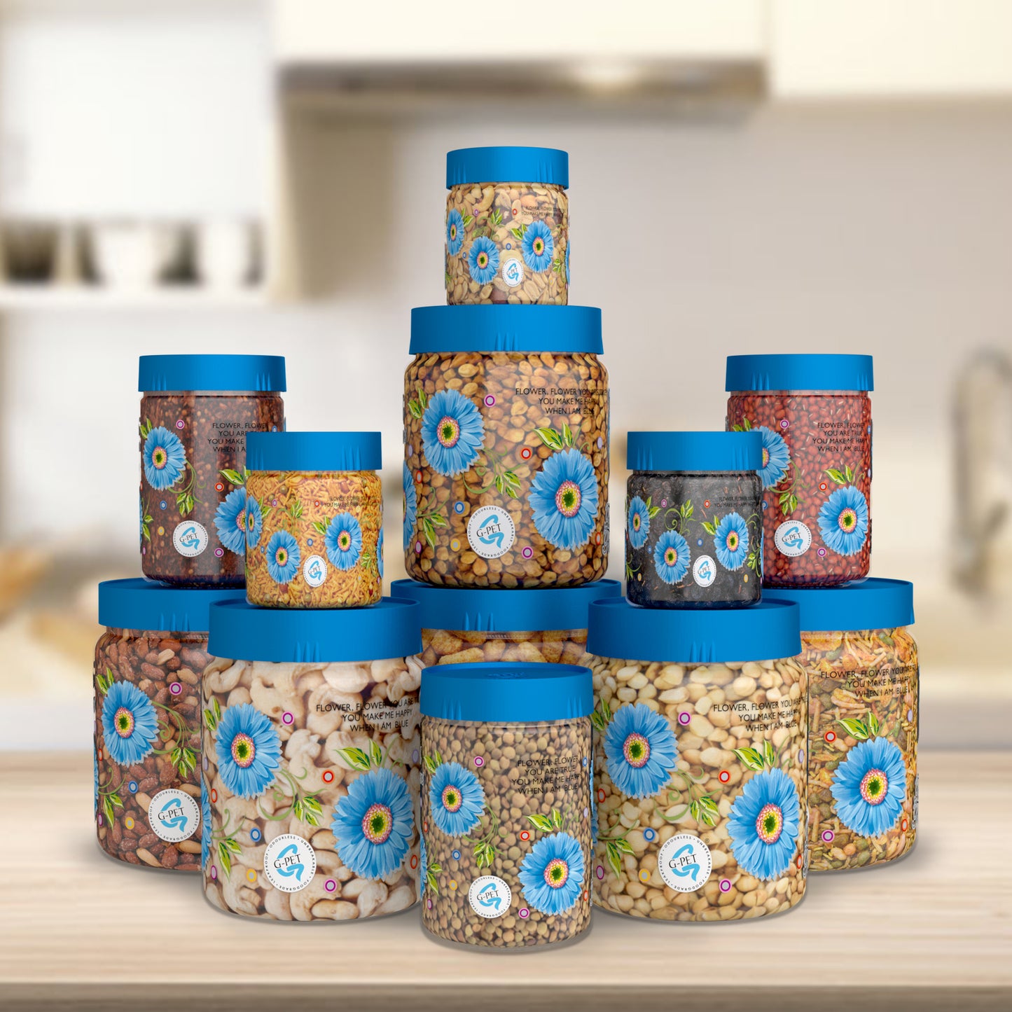 Print Magic Container Blue Pack of 12- 1500ml (3 pcs), 1000ml (3 pcs), 450ml (3 pcs) 200ml (3 pcs) Plastic Grocery Container