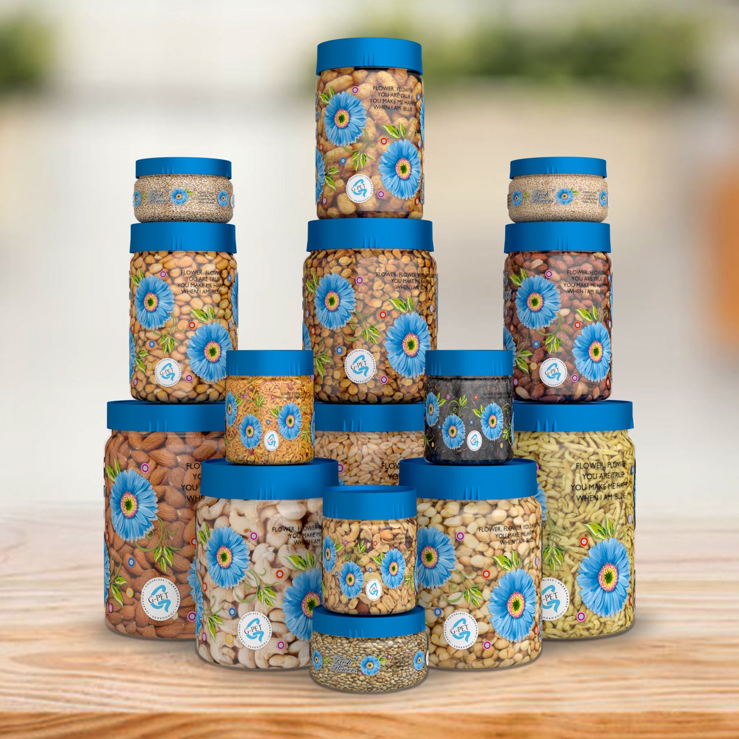 Print Magic Container Blue Pack of 15 - 2000ml (3 pcs), 1000ml (3 pcs), 750ml (3 pcs), 200ml (3 pcs), 150ml (3 pcs) Plastic Grocery Container