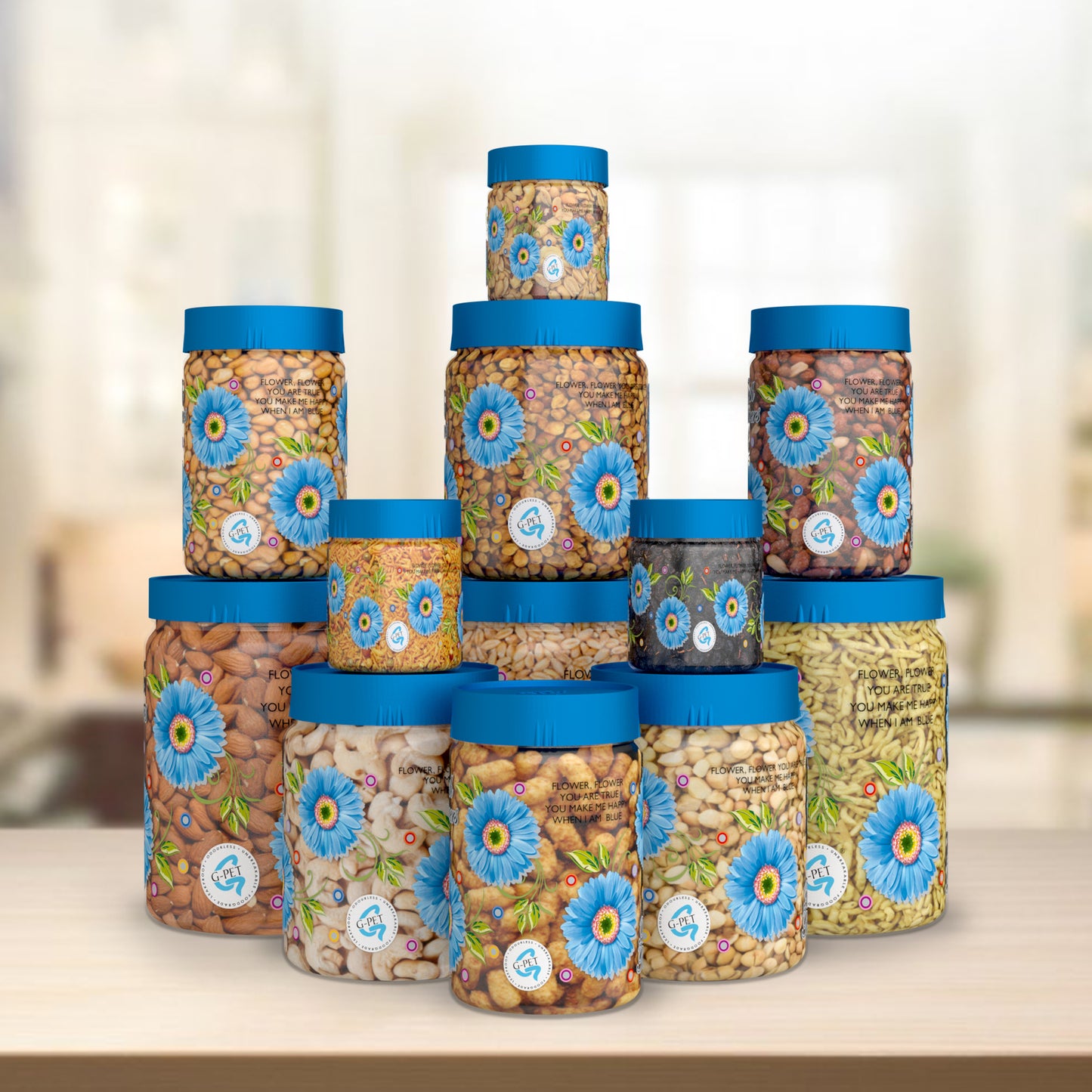 Print Magic Container Blue Pack of 12 - 2000ml (3 pcs), 1000ml (3 pcs), 750ml (3 pcs), 200ml (3 pcs) Plastic Grocery Container