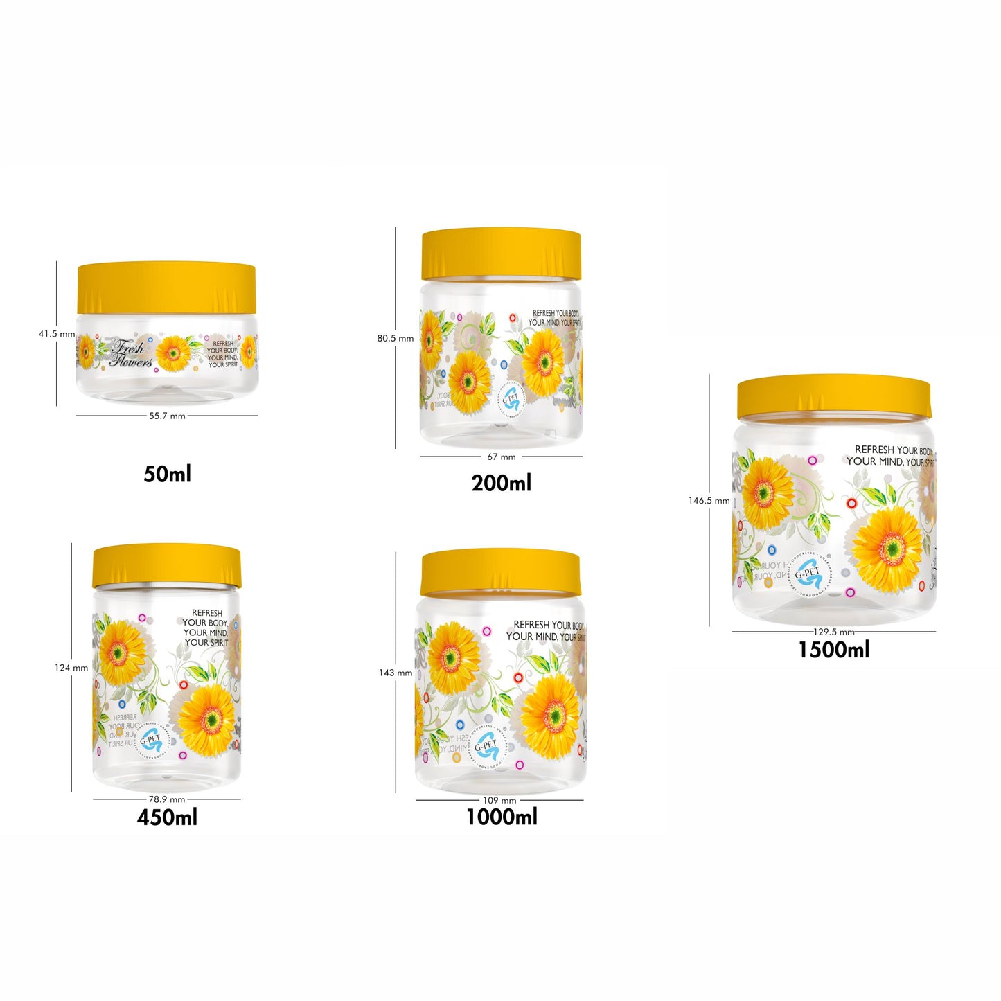 Print Magic Container Yellow Pack of 15 - 1500ml (3 pcs), 1000ml (3 pcs), 450ml (3 pcs) 200ml (3 pcs), 50ml (3 pcs)