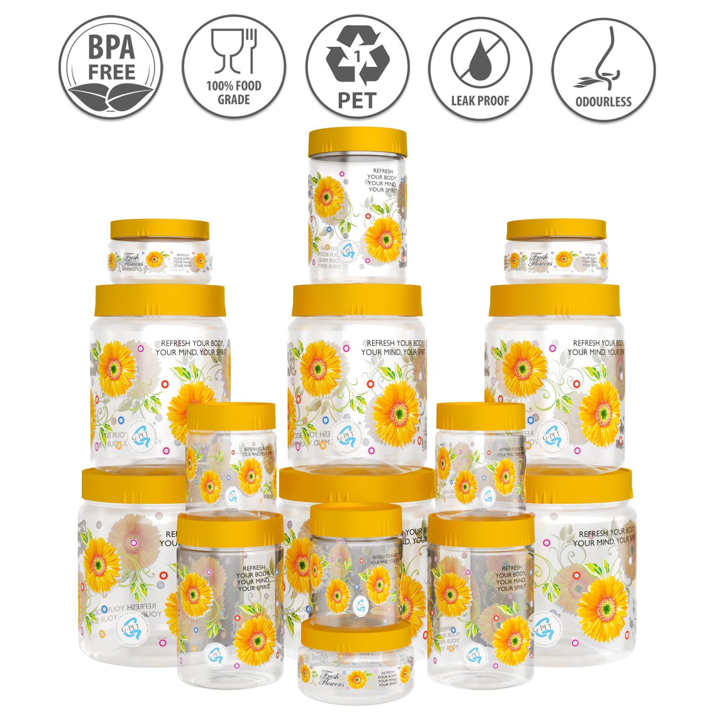 Print Magic Container Yellow Pack of 15 - 1500ml (3 pcs), 1000ml (3 pcs), 450ml (3 pcs) 200ml (3 pcs), 50ml (3 pcs)