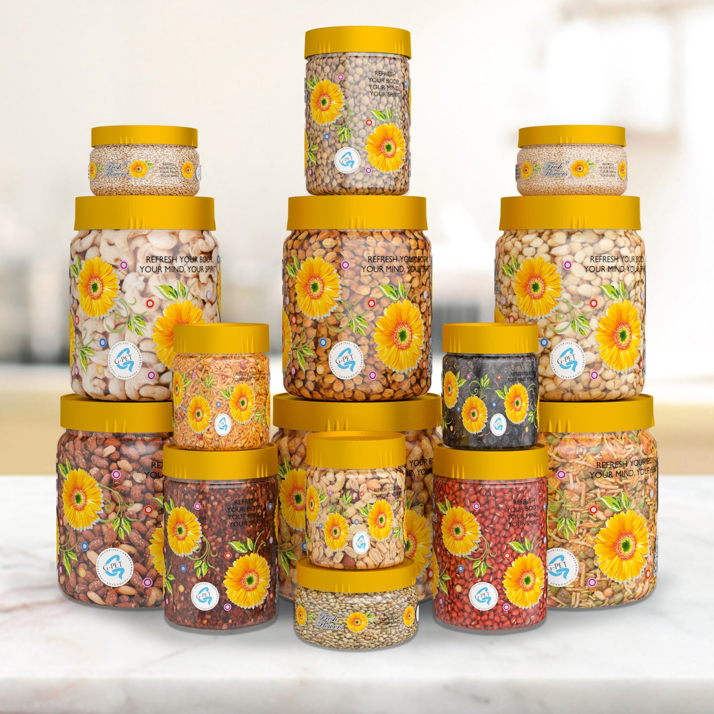 Print Magic Container Yellow Pack of 15 - 1500ml (3 pcs), 1000ml (3 pcs), 450ml (3 pcs) 200ml (3 pcs), 50ml (3 pcs)