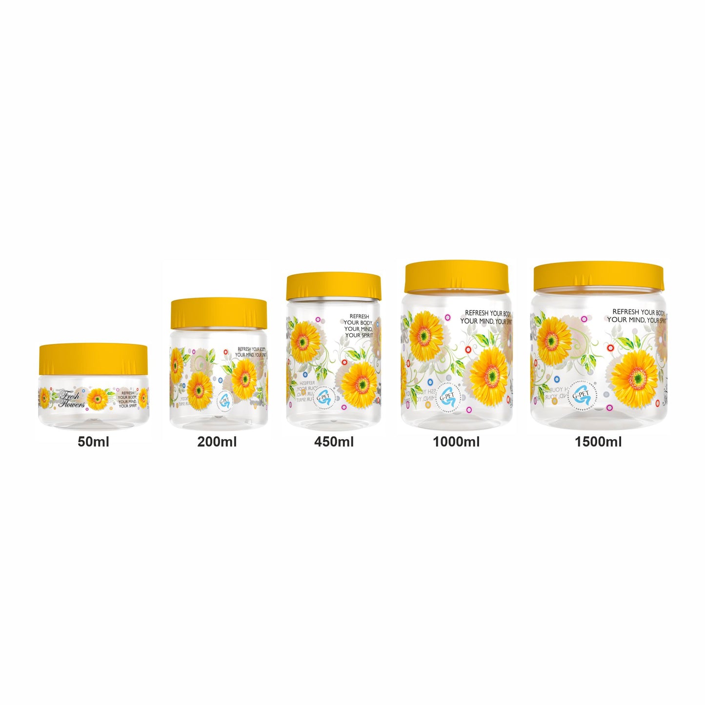 Print Magic Container Yellow Pack of 15 - 1500ml (3 pcs), 1000ml (3 pcs), 450ml (3 pcs) 200ml (3 pcs), 50ml (3 pcs)
