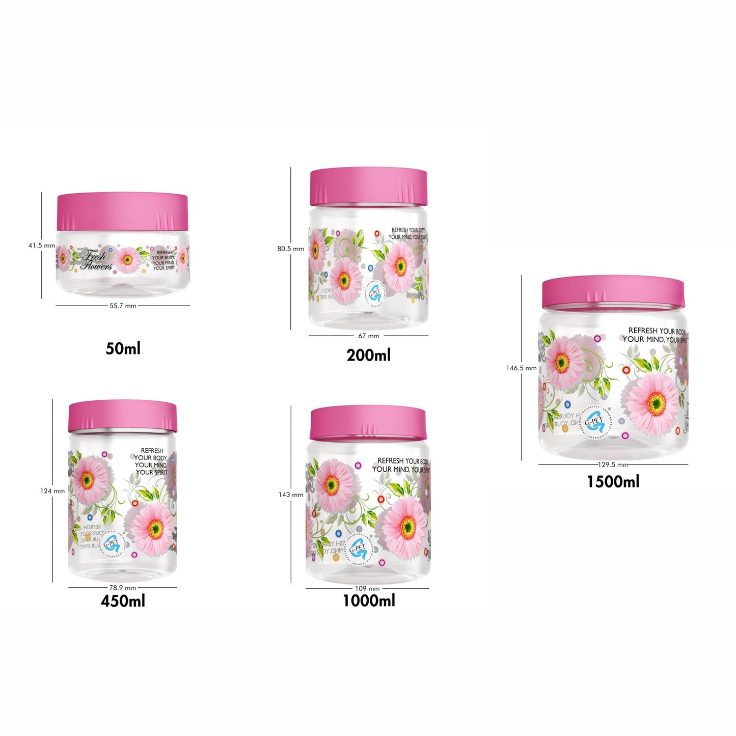 Print Magic Container Pink Pack of 18 - 1500ml (3 pcs), 1000ml (3 pcs), 450ml (3 pcs), 200ml (3 pcs), 50ml (6 pcs)