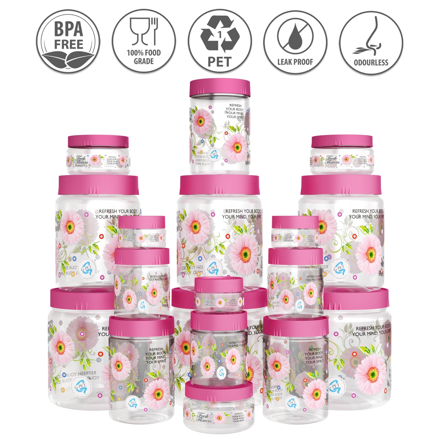 Print Magic Container Pink Pack of 18 - 1500ml (3 pcs), 1000ml (3 pcs), 450ml (3 pcs), 200ml (3 pcs), 50ml (6 pcs)
