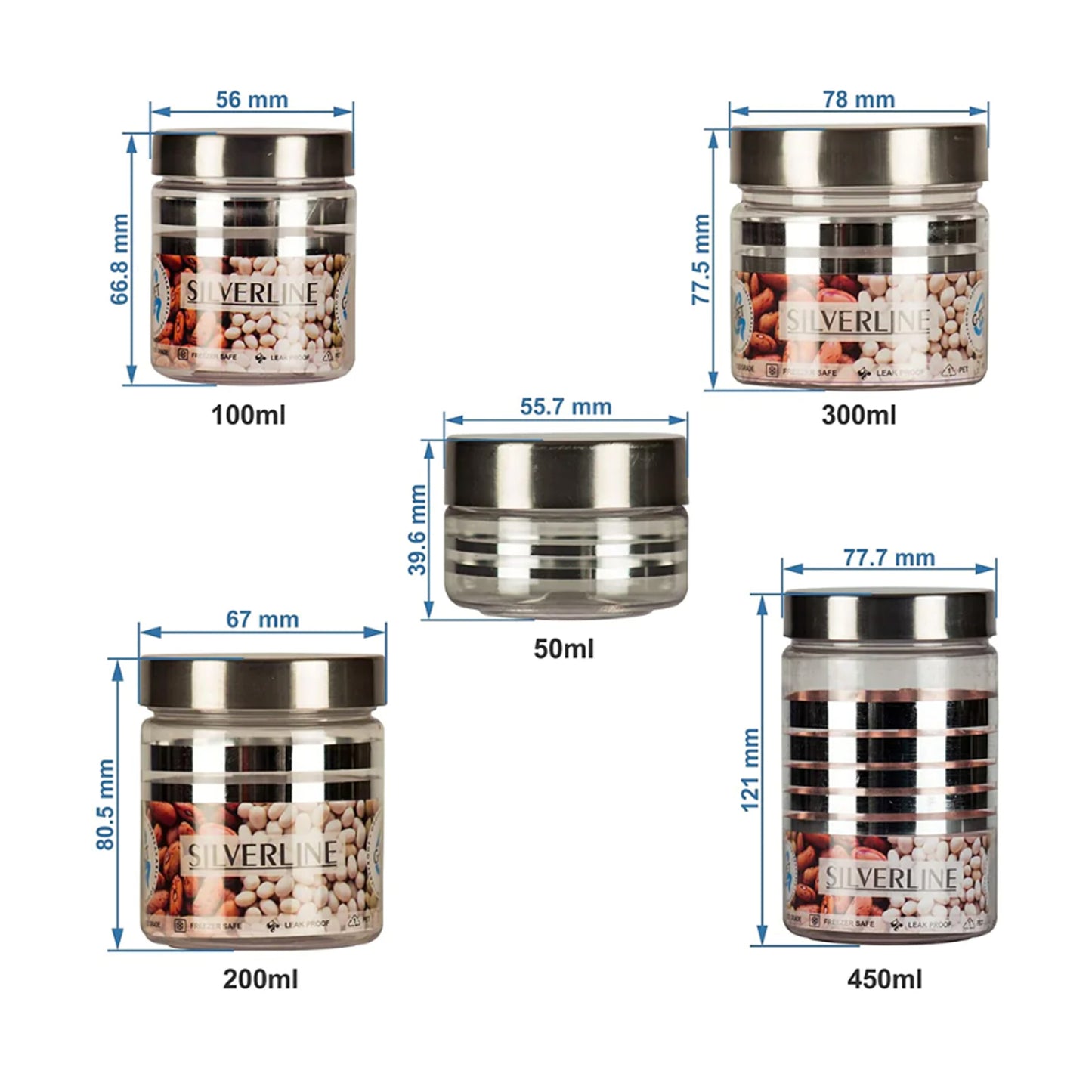 Silver Line Container - Pack of 15 - 450ml, 300ml, 200ml, 100ml, 50ml