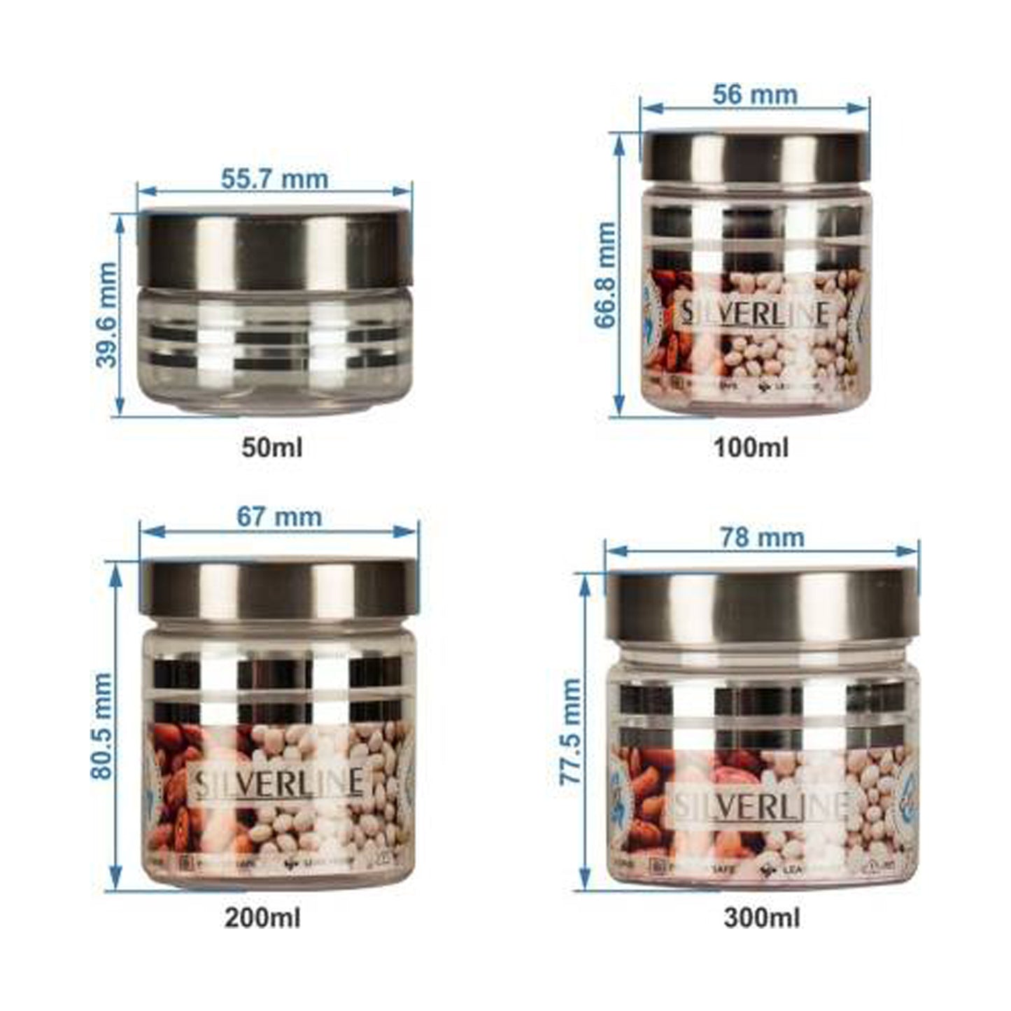 Silver Line Container - Pack of 8 - 300ml, 200ml, 100ml, 50ml
