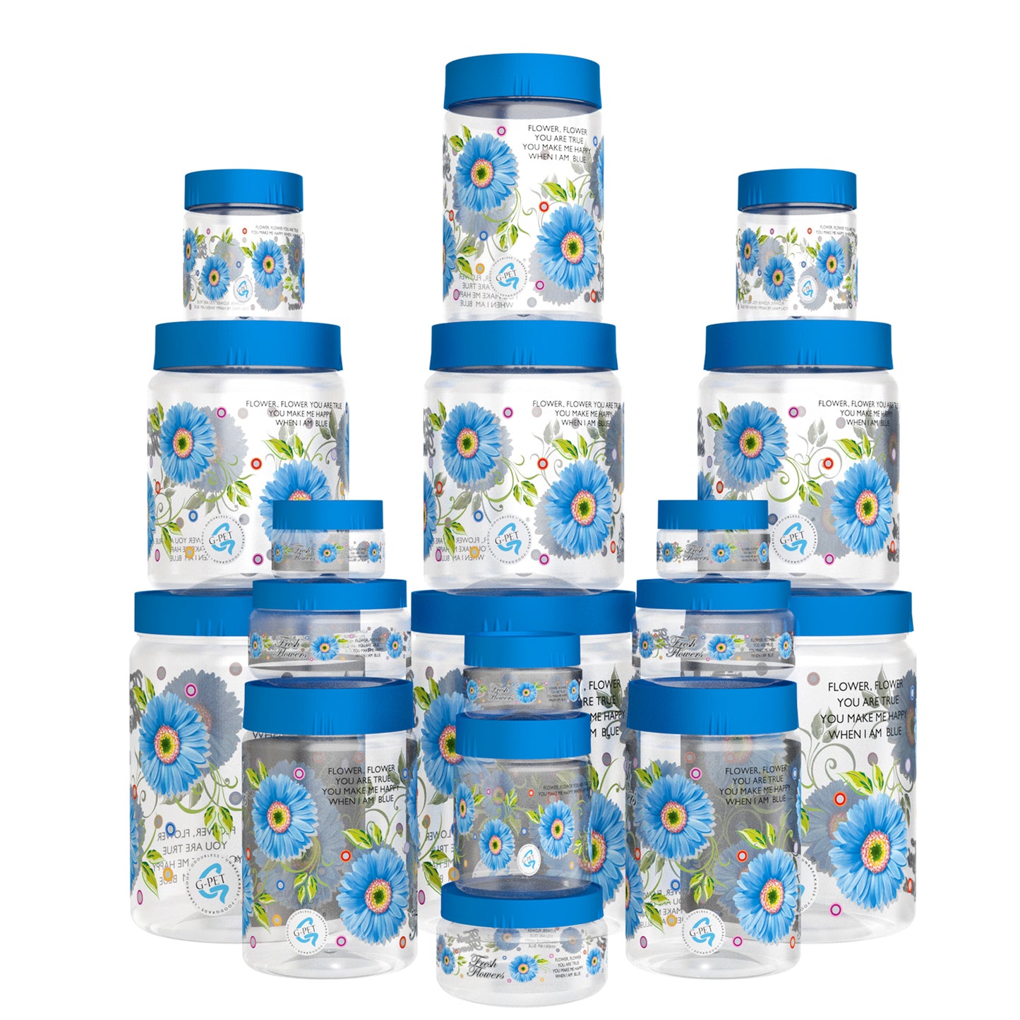Print Magic Container Blue Pack of 18 - 2000ml (3 pcs), 1000ml (3 pcs), 750ml (3 pcs), 200ml (3 pcs), 150ml (3 pcs), 50ml (3 pcs) Plastic Grocery Container
