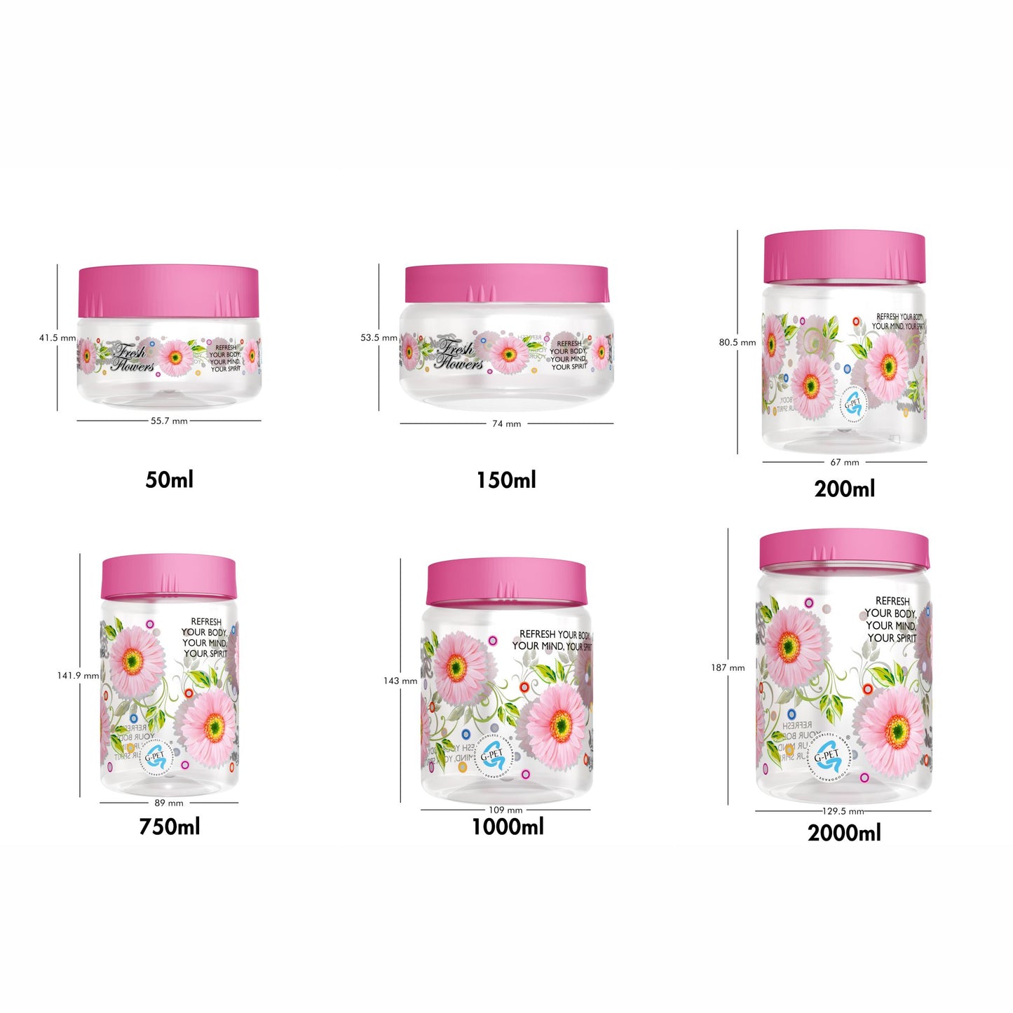 Print Magic Container Pink Pack of 18 - 2000ml (3 pcs), 1000ml (3 pcs), 750ml (3 pcs), 200ml (3 pcs), 150ml (3 pcs), 50ml (3 pcs)