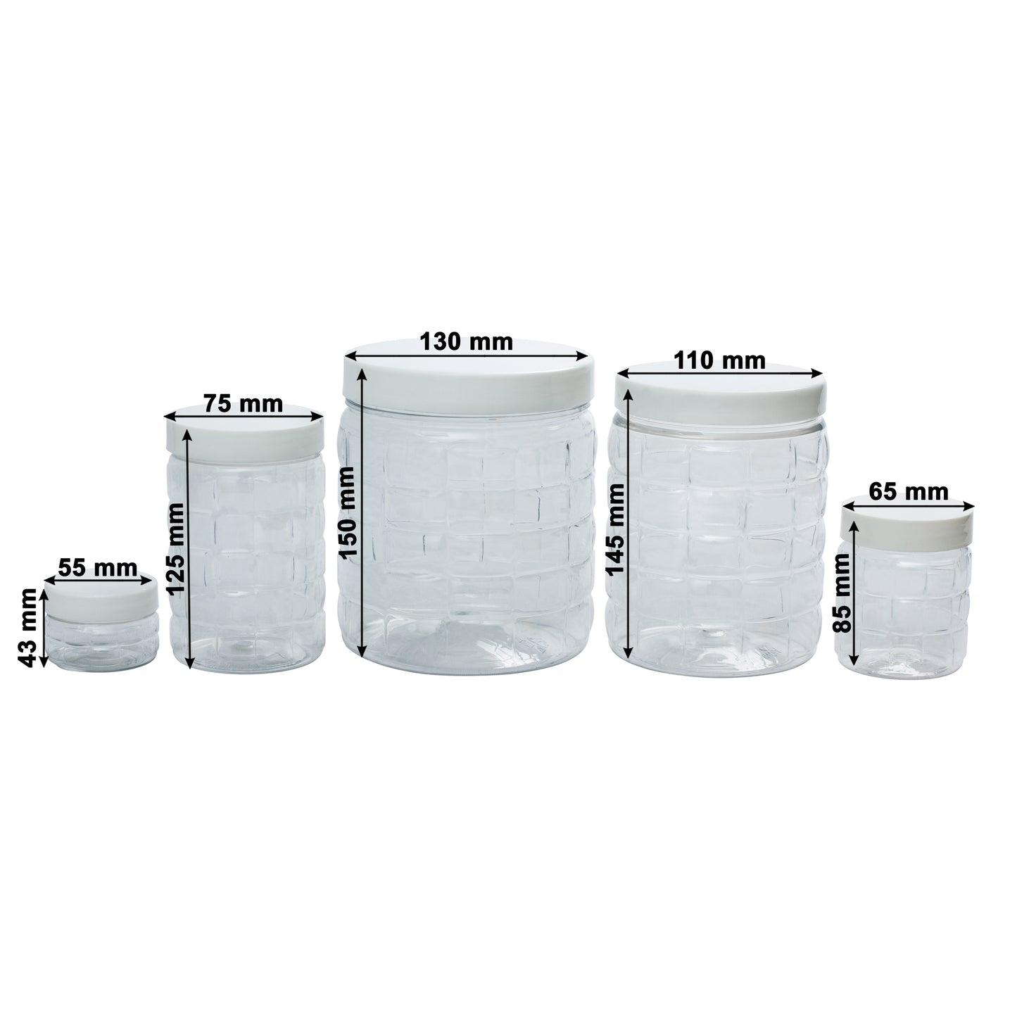 Checkers Jars Plastic Container White Cap (Set of 20) 1800ml, 1200ml, 450ml, 200ml, 50ml