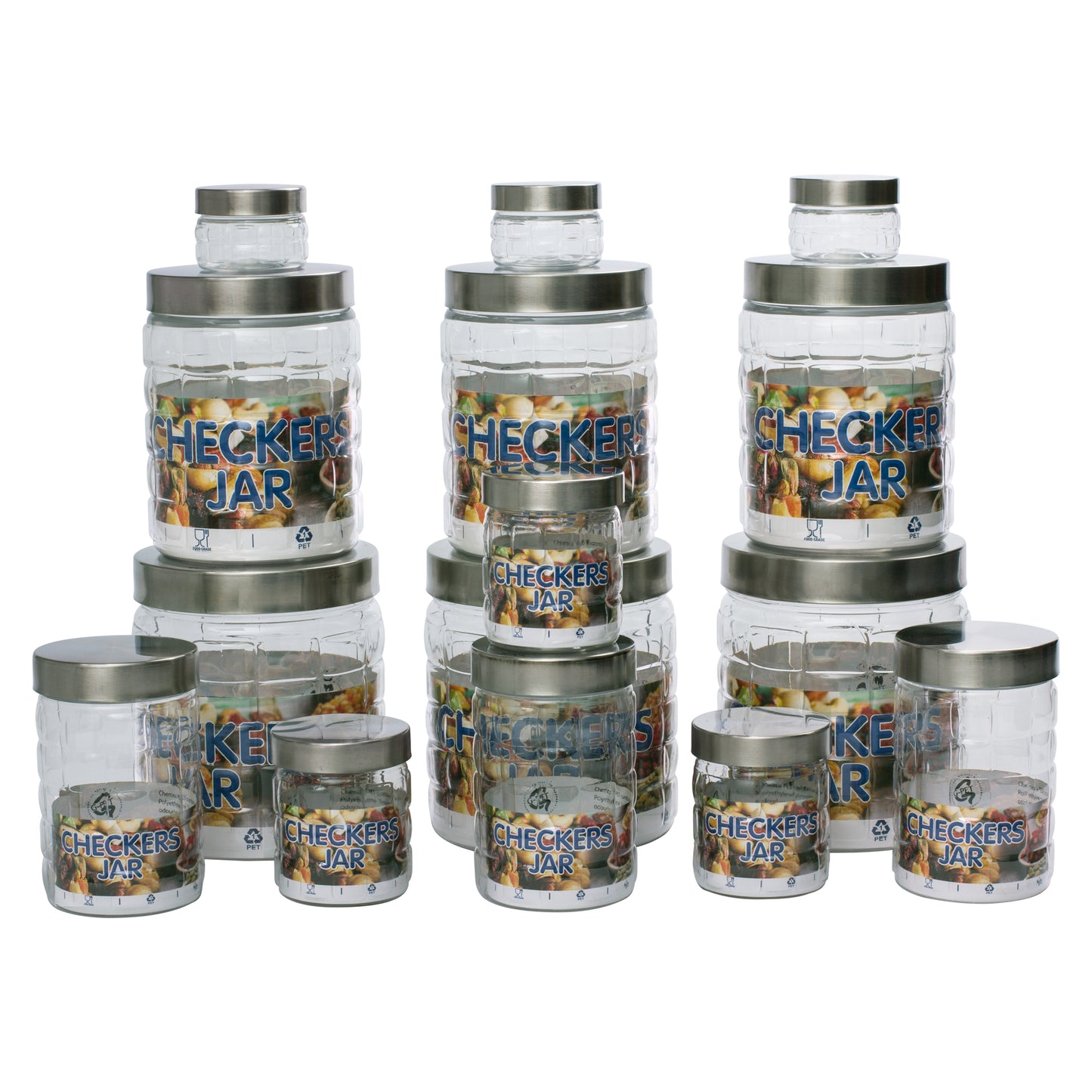 Checkers Jars Plastic Container Steel Cap (Set of 15) 1800ml, 1200ml, 450ml, 200ml, 50ml