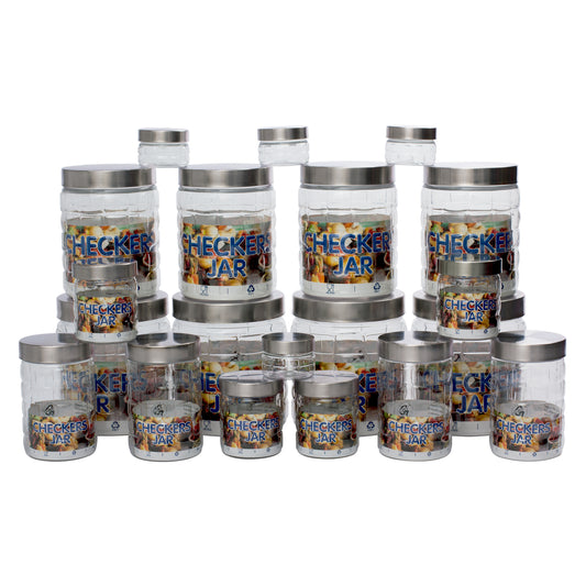 Checkers Jars Plastic Container Steel Cap (Set Of 20) 1800ml, 1200ml, 450ml, 200ml, 50ml