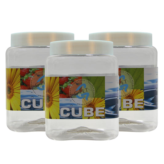 Cube PET Jar / Container PET Plastic Airtight Container with White Cap (3, 1500ML)