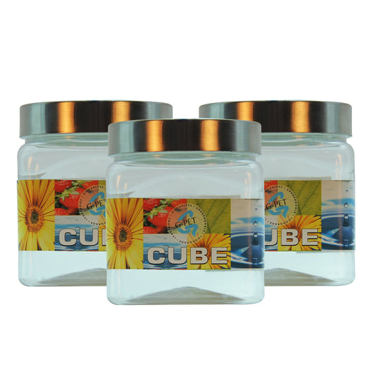 Cube PET Jar / Container PET Plastic Airtight Container with Steel Cap (3, 500ML)