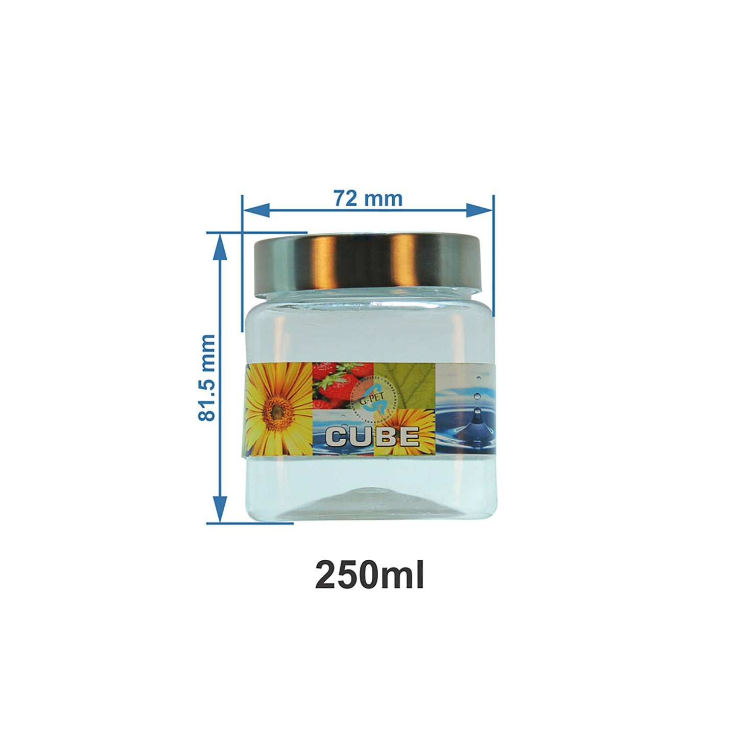 Cube PET Jar / Container PET Plastic Airtight Container with Steel Cap (3, 250ML)