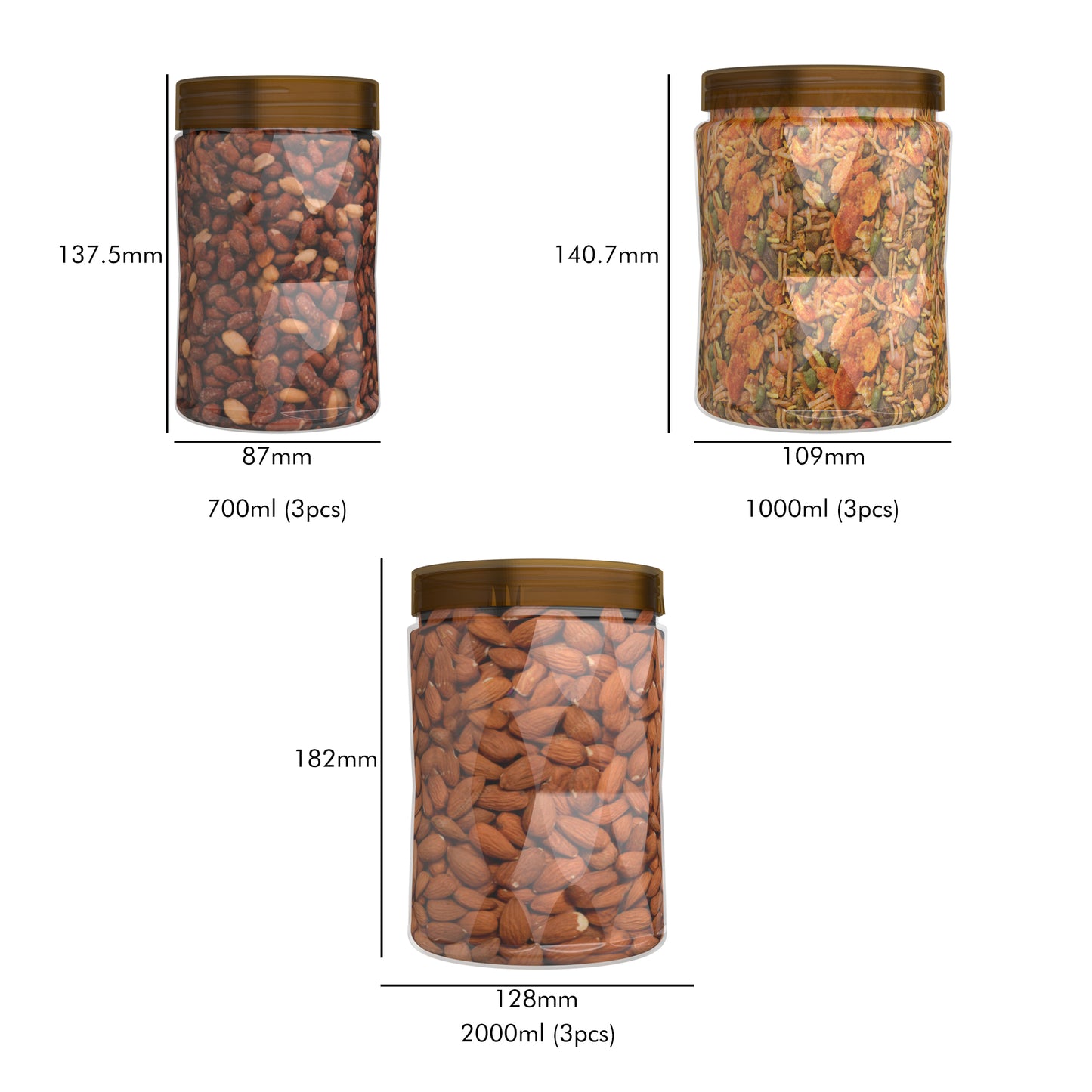 G-PET Diamond Jars Plastic Kitchen Containers (Set Of 9B) 2000ml (3pcs), 1000ml (3pcs), 700ml (3pcs)