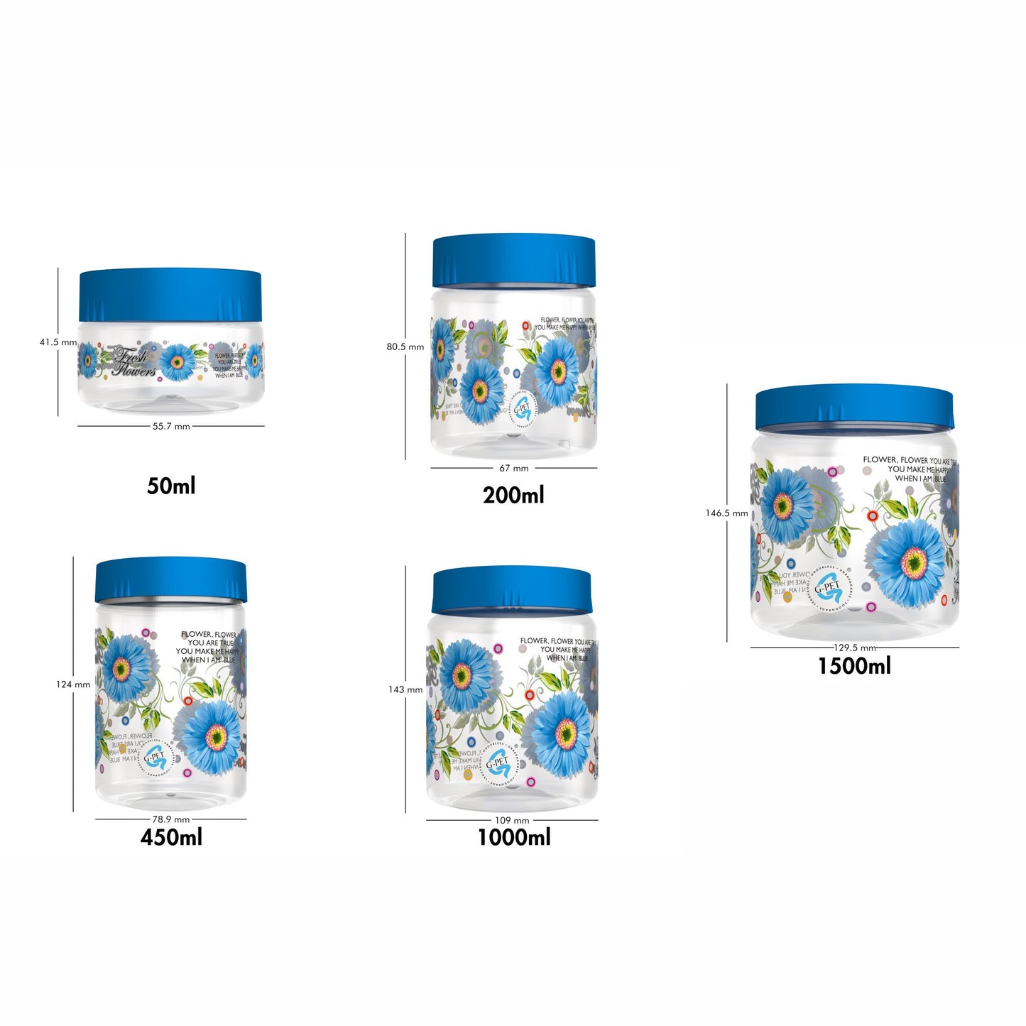 Print Magic Container Blue Pack of 15 - 1500ml (3 pcs), 1000ml (3 pcs), 450ml (3 pcs) 200ml (3 pcs), 50ml (3 pcs)