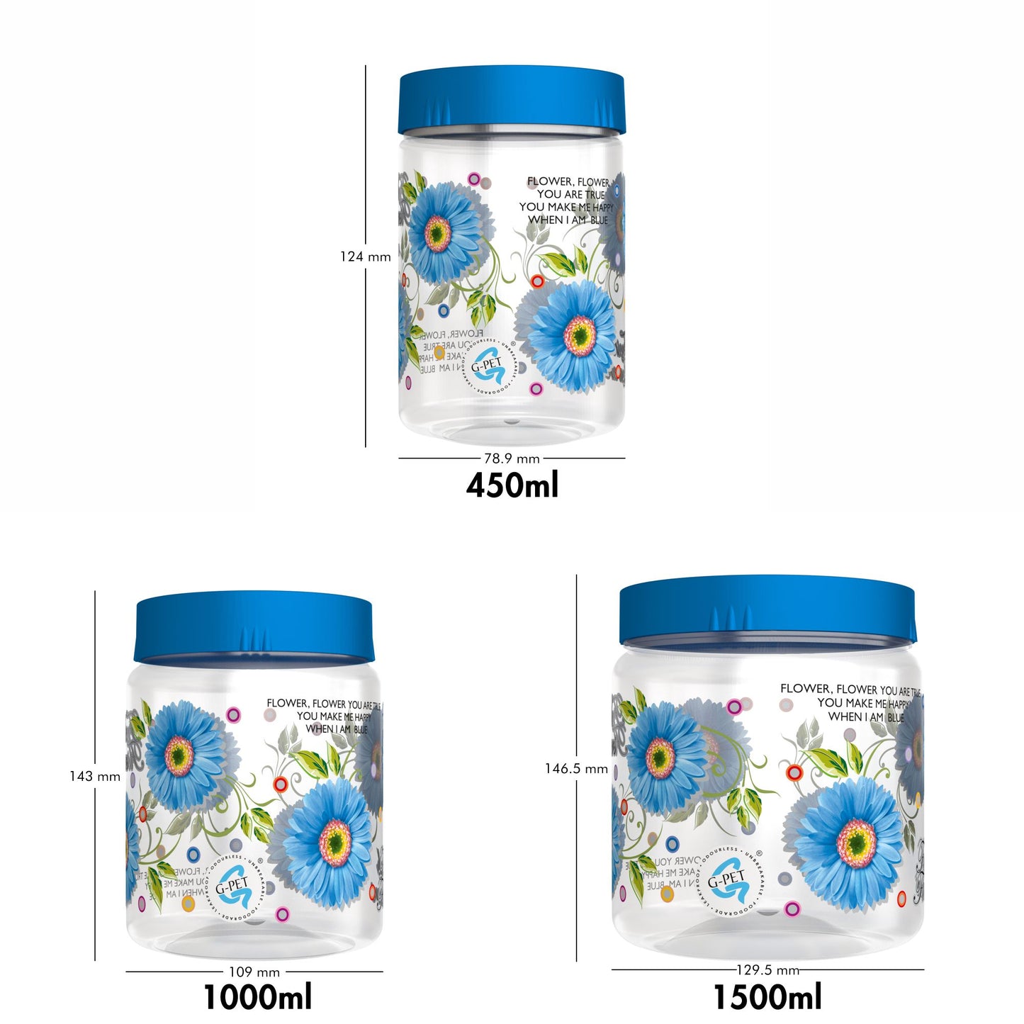 Print Magic Container Blue Pack of 9 - 1500ml (3 pcs), 1000ml (3 pcs), 450ml (3 pcs) Plastic Grocery Container