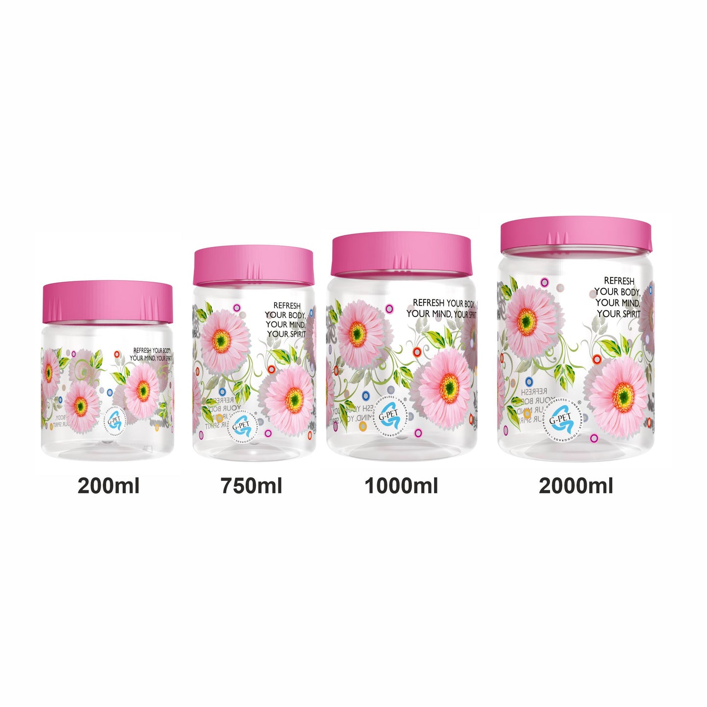 Print Magic Container Pink Pack of 12 - 2000ml (3 pcs), 1000ml (3 pcs), 750ml (3 pcs), 200ml (3 pcs) Plastic Grocery Container