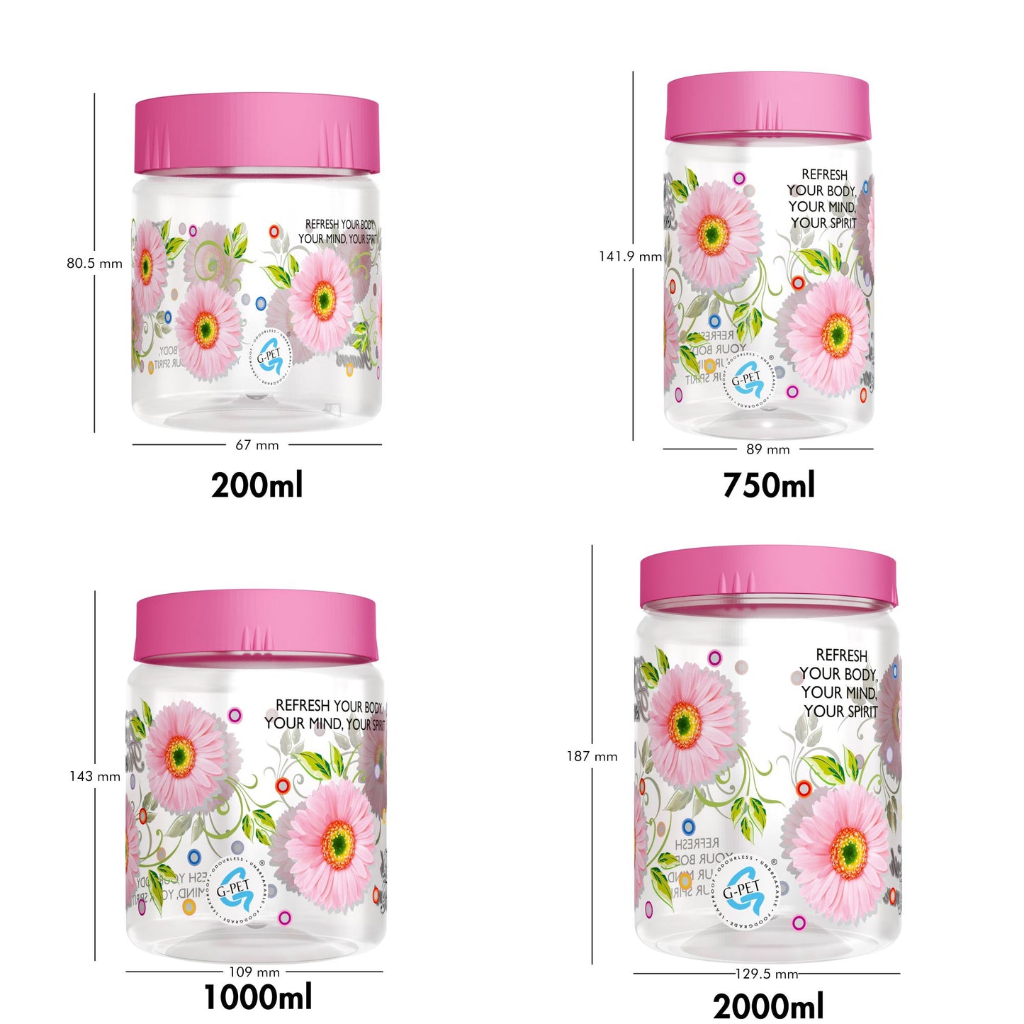 Print Magic Container Pink Pack of 12 - 2000ml (3 pcs), 1000ml (3 pcs), 750ml (3 pcs), 200ml (3 pcs) Plastic Grocery Container