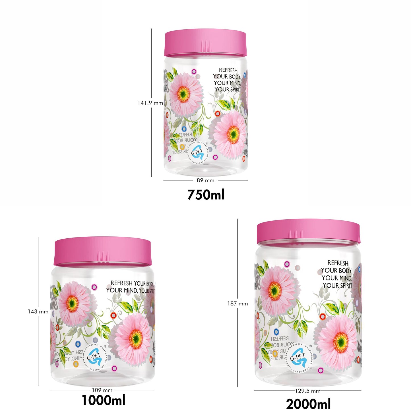 Print Magic Container Pink Pack of 9 - 2000ml (3 pcs), 1000ml (3 pcs), 750ml (3 pcs) Plastic Grocery Container