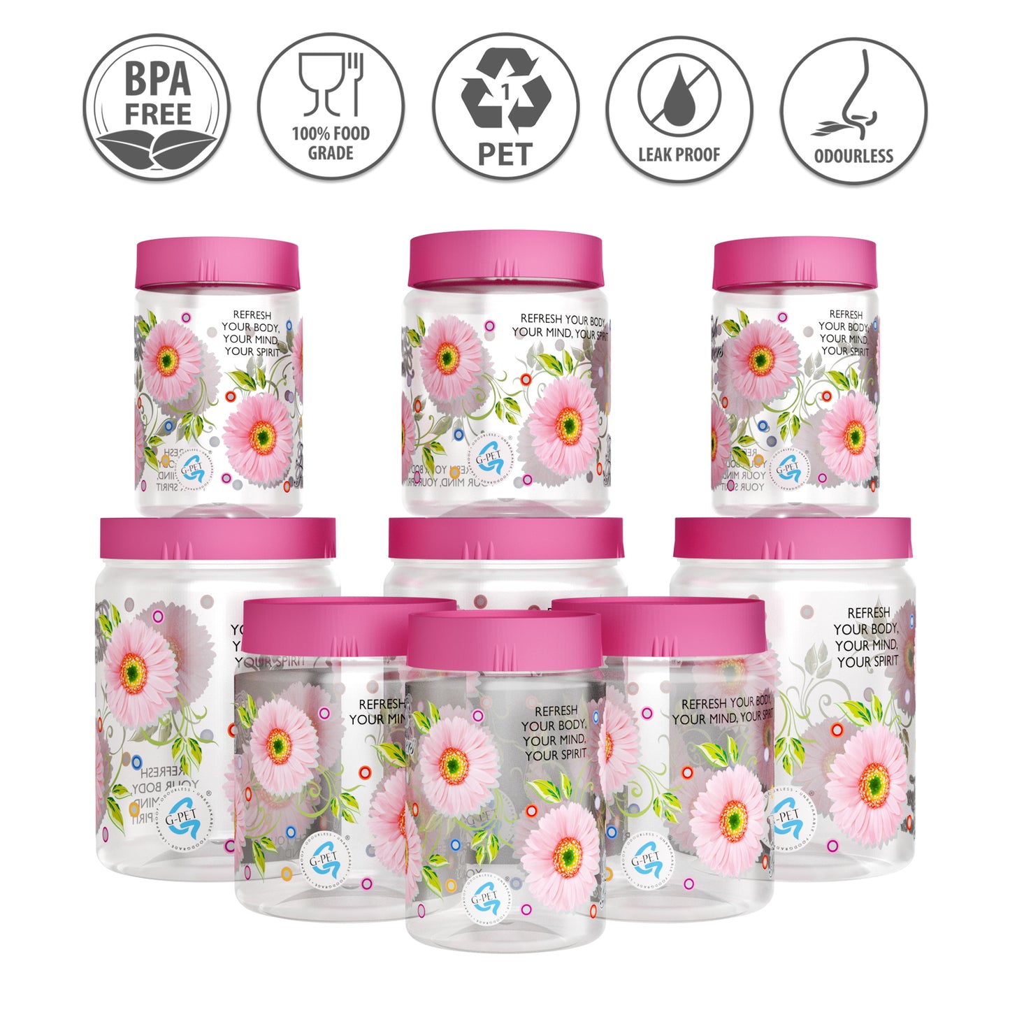 Print Magic Container Pink Pack of 9 - 2000ml (3 pcs), 1000ml (3 pcs), 750ml (3 pcs) Plastic Grocery Container