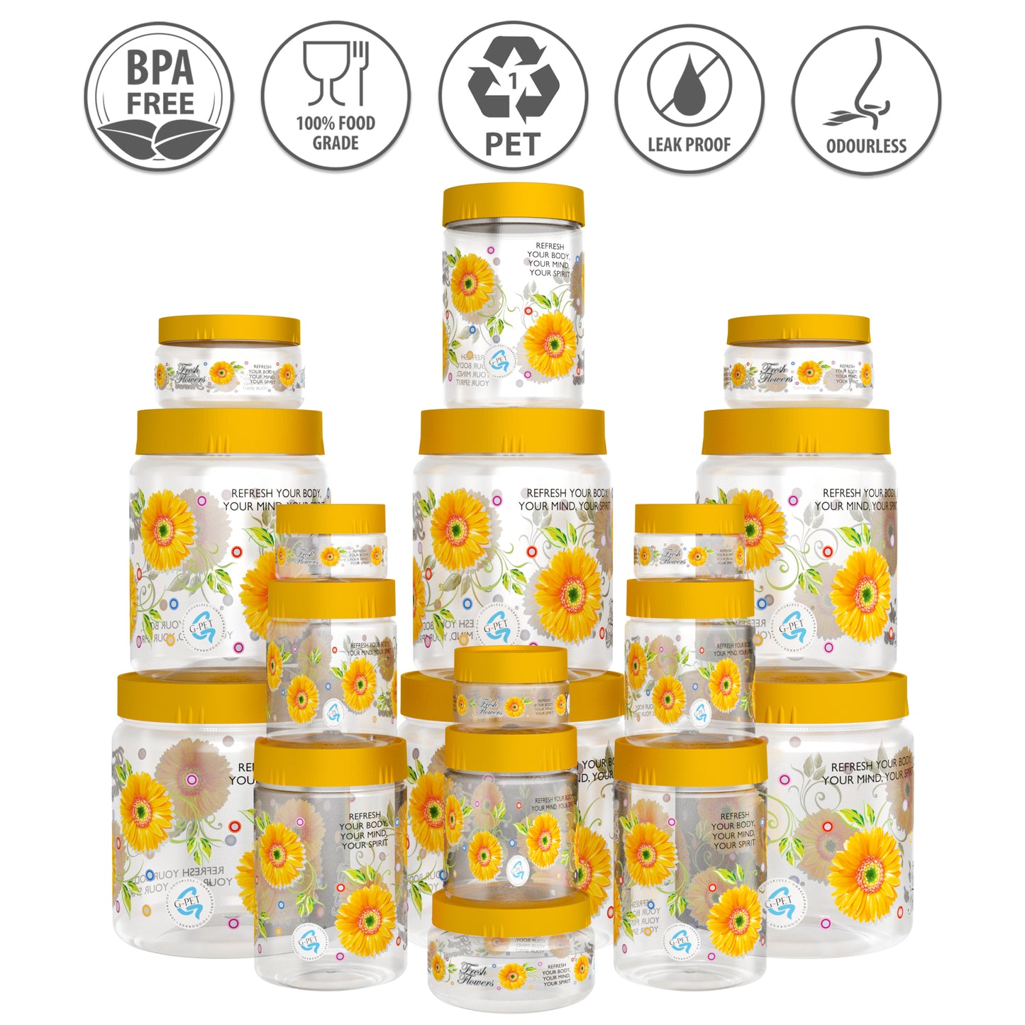 Print Magic Container Yellow Pack of 18 - 1500ml (3 pcs), 1000ml (3 pcs), 450ml (3 pcs), 200ml (3 pcs), 50ml (6 pcs)