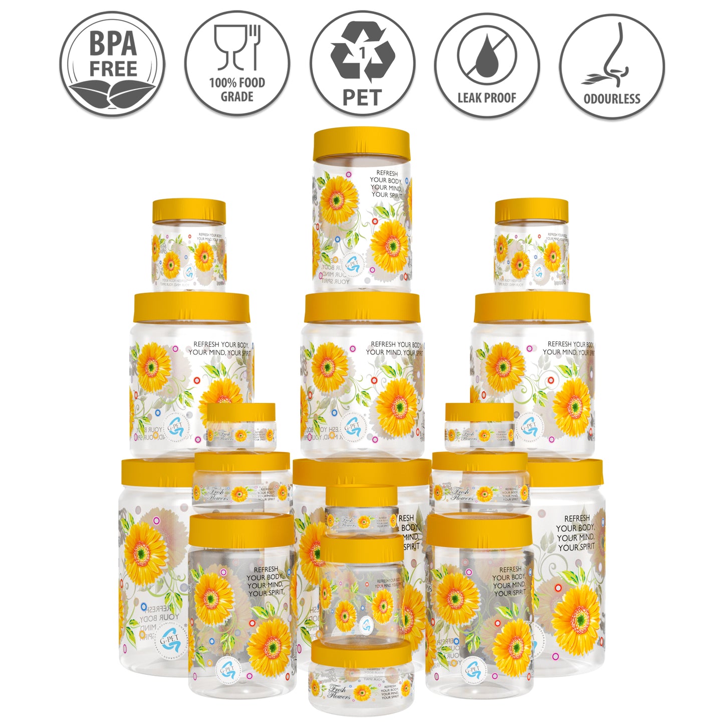 Print Magic Container Yellow Pack of 18 - 2000ml (3 pcs), 1000ml (3 pcs), 750ml (3 pcs), 200ml (3 pcs), 150ml (3 pcs), 50ml (3 pcs)