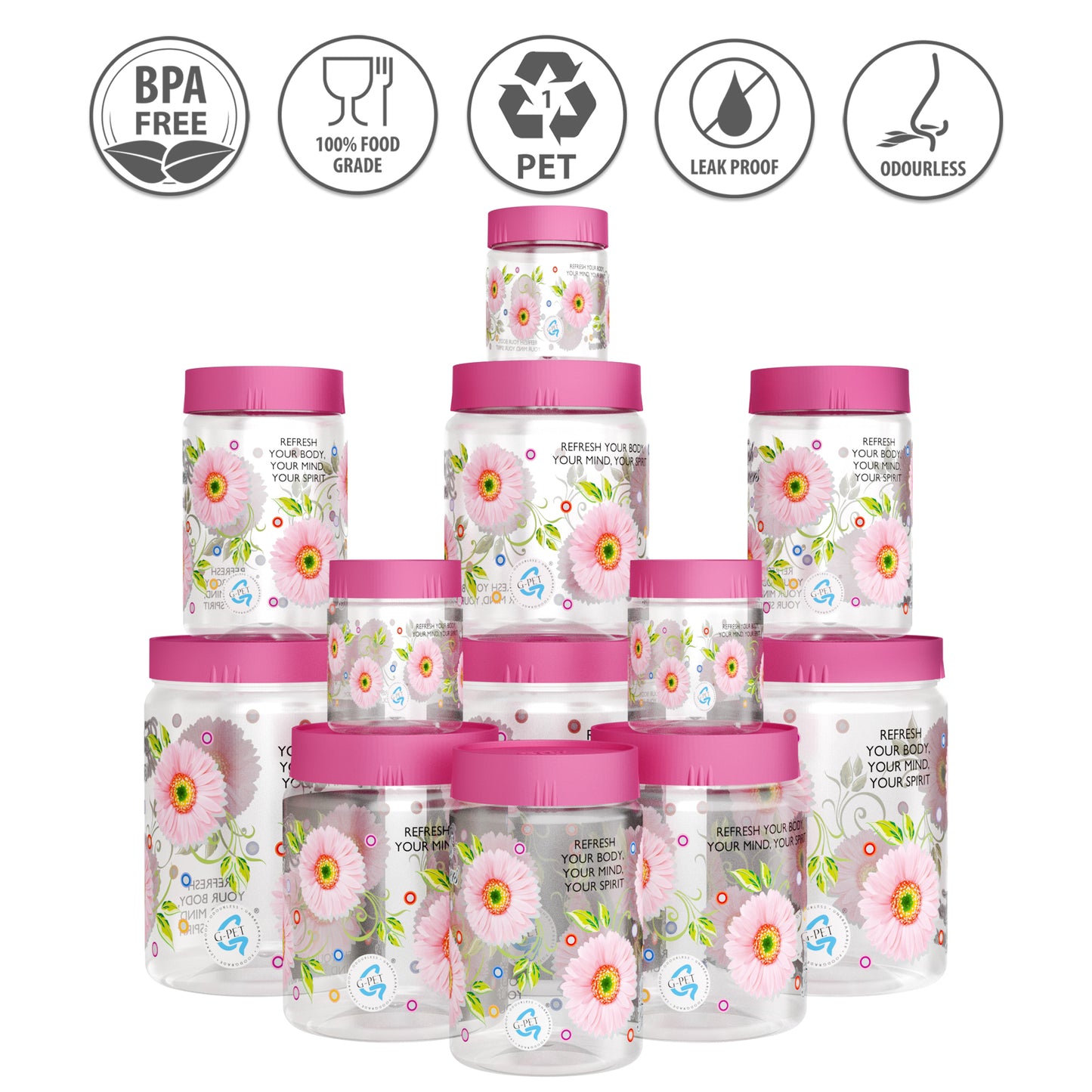 Print Magic Container Pink Pack of 12 - 2000ml (3 pcs), 1000ml (3 pcs), 750ml (3 pcs), 200ml (3 pcs) Plastic Grocery Container