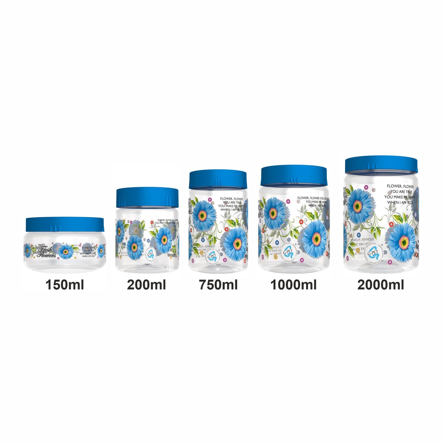 Print Magic Container Blue Pack of 15 - 2000ml (3 pcs), 1000ml (3 pcs), 750ml (3 pcs), 200ml (3 pcs), 150ml (3 pcs) Plastic Grocery Container