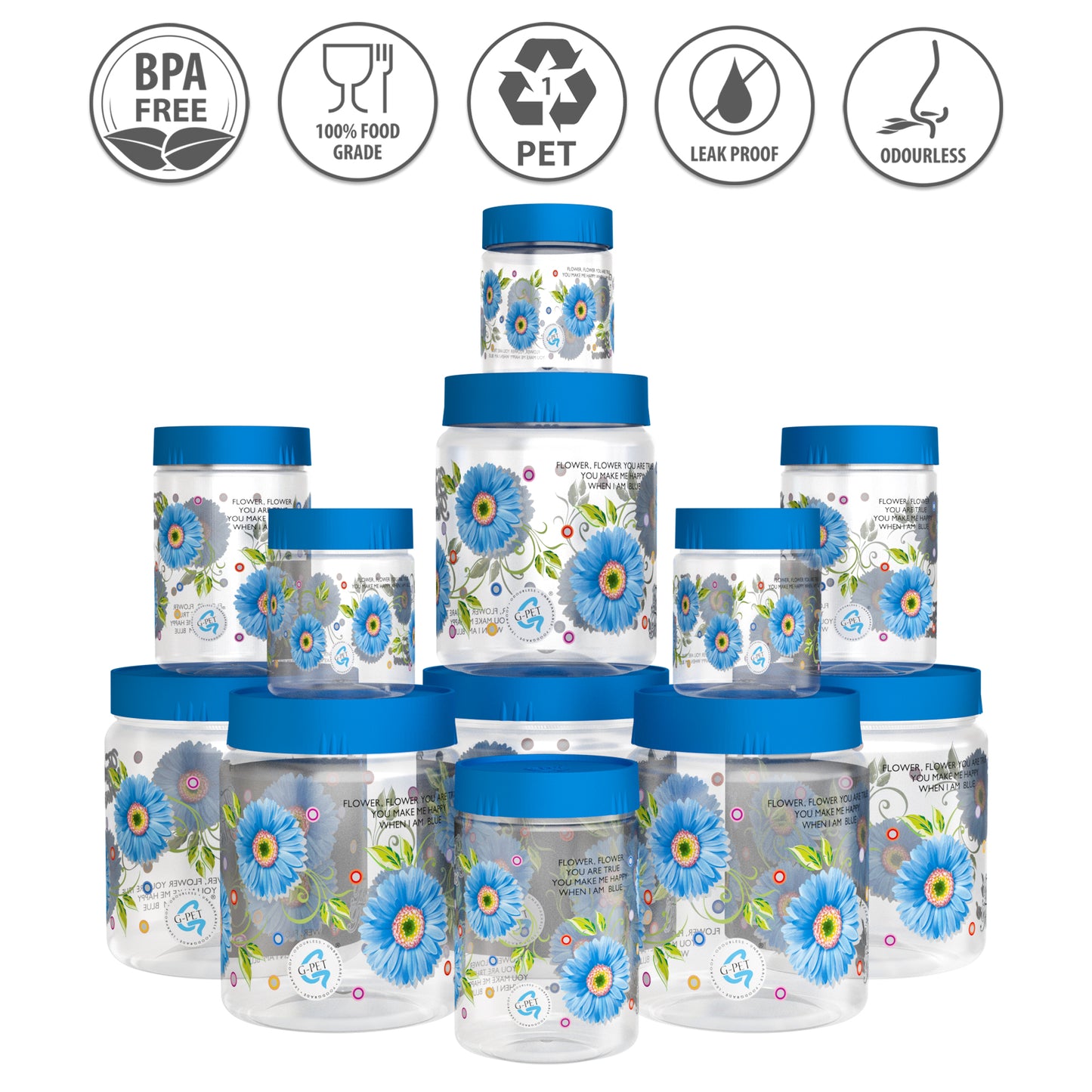 Print Magic Container Blue Pack of 12- 1500ml (3 pcs), 1000ml (3 pcs), 450ml (3 pcs) 200ml (3 pcs) Plastic Grocery Container
