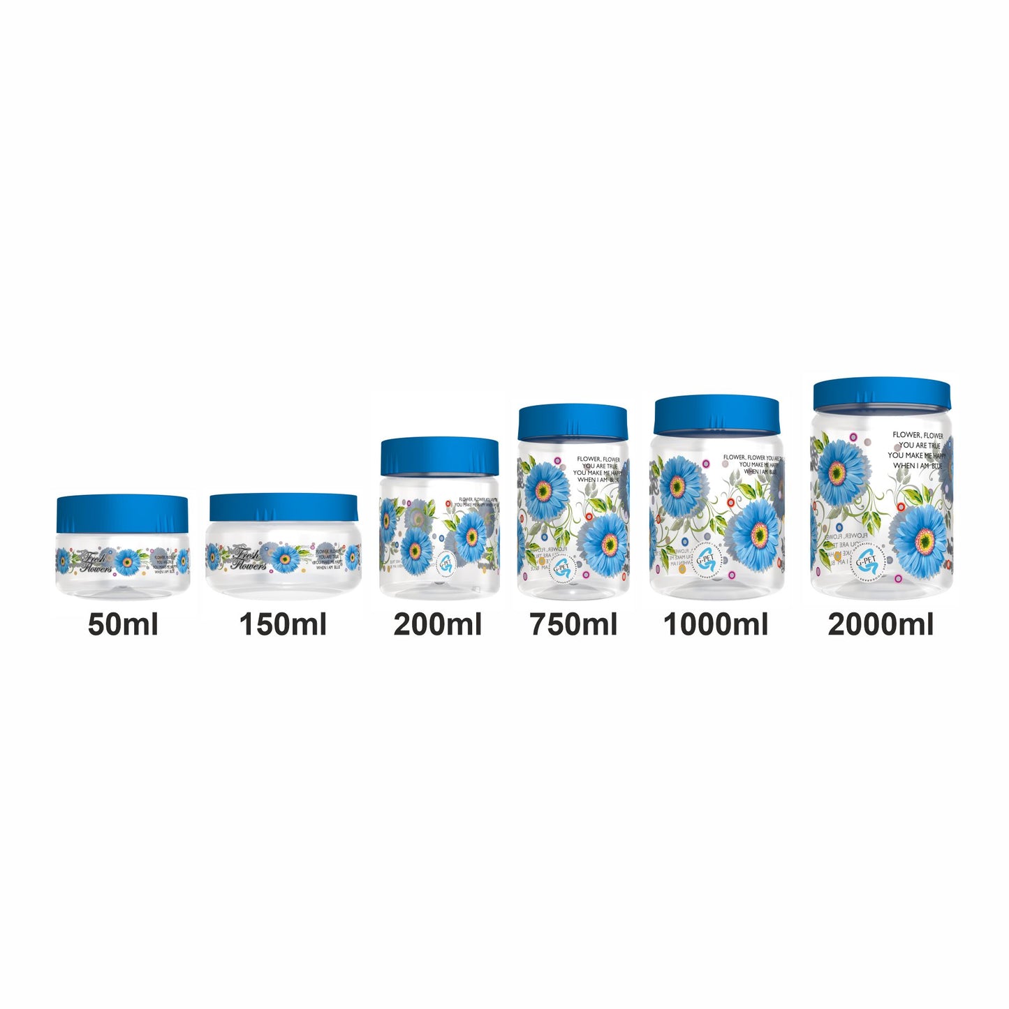 Print Magic Container Blue Pack of 18 - 2000ml (3 pcs), 1000ml (3 pcs), 750ml (3 pcs), 200ml (3 pcs), 150ml (3 pcs), 50ml (3 pcs) Plastic Grocery Container