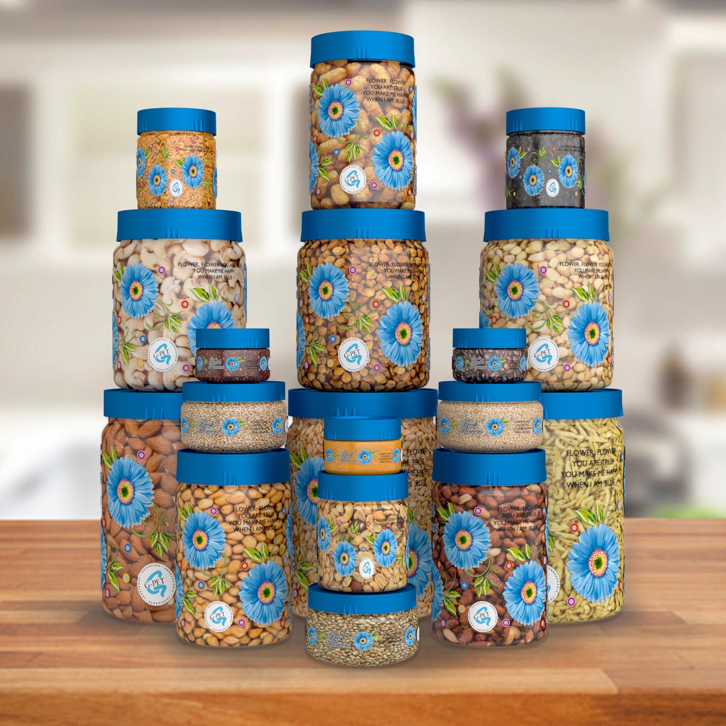 Print Magic Container Blue Pack of 18 - 2000ml (3 pcs), 1000ml (3 pcs), 750ml (3 pcs), 200ml (3 pcs), 150ml (3 pcs), 50ml (3 pcs) Plastic Grocery Container