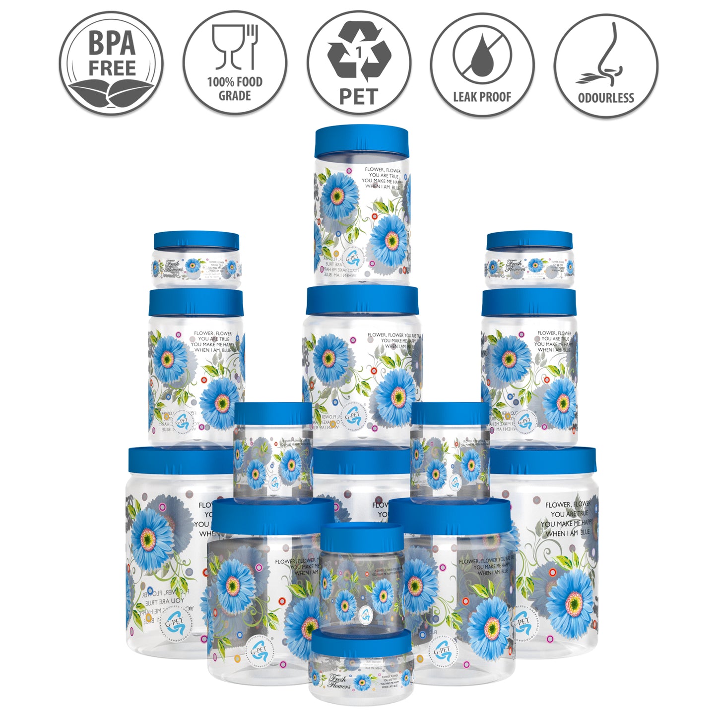Print Magic Container Blue Pack of 15 - 2000ml (3 pcs), 1000ml (3 pcs), 750ml (3 pcs), 200ml (3 pcs), 150ml (3 pcs) Plastic Grocery Container