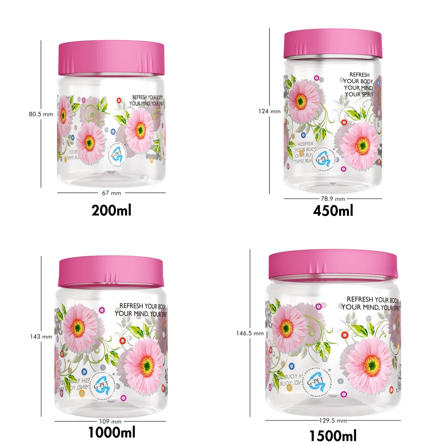 Print Magic Container Pink Pack of 12- 1500ml (3 pcs), 1000ml (3 pcs), 450ml (3 pcs) 200ml (3 pcs)
