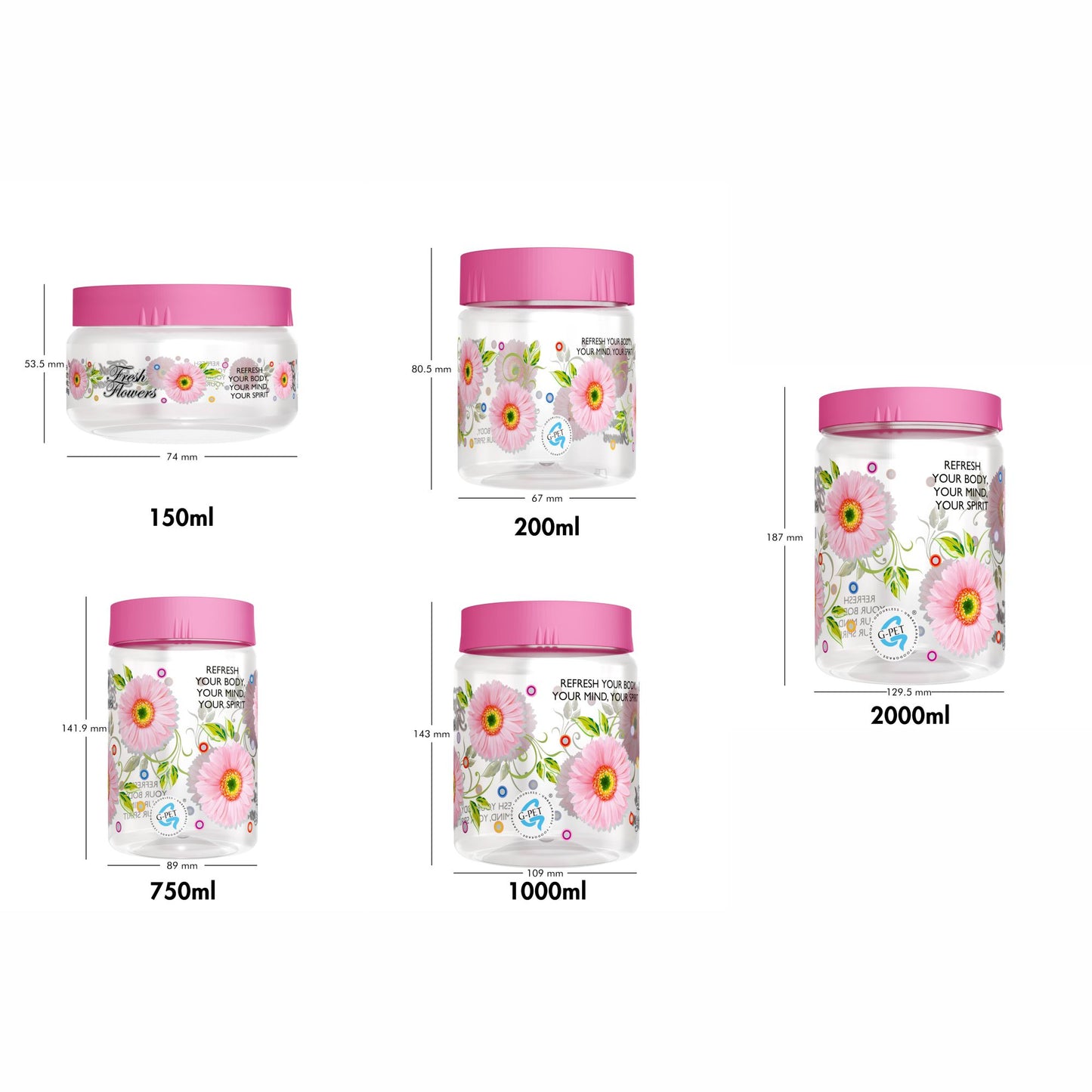 Print Magic Container Pink Pack of 15 - 2000ml (3 pcs), 1000ml (3 pcs), 750ml (3 pcs), 200ml (3 pcs), 150ml (3 pcs)