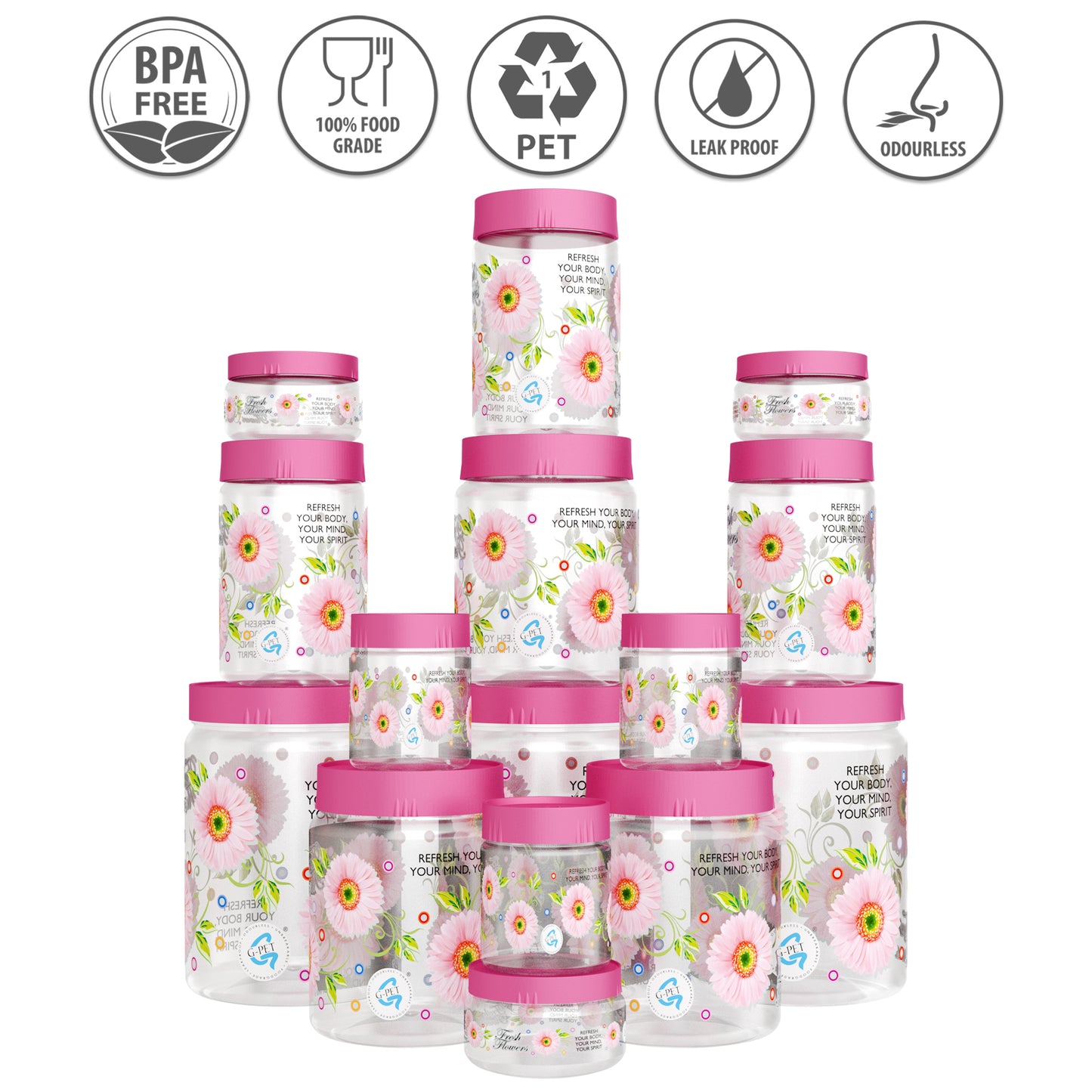 Print Magic Container Pink Pack of 15 - 2000ml (3 pcs), 1000ml (3 pcs), 750ml (3 pcs), 200ml (3 pcs), 150ml (3 pcs)