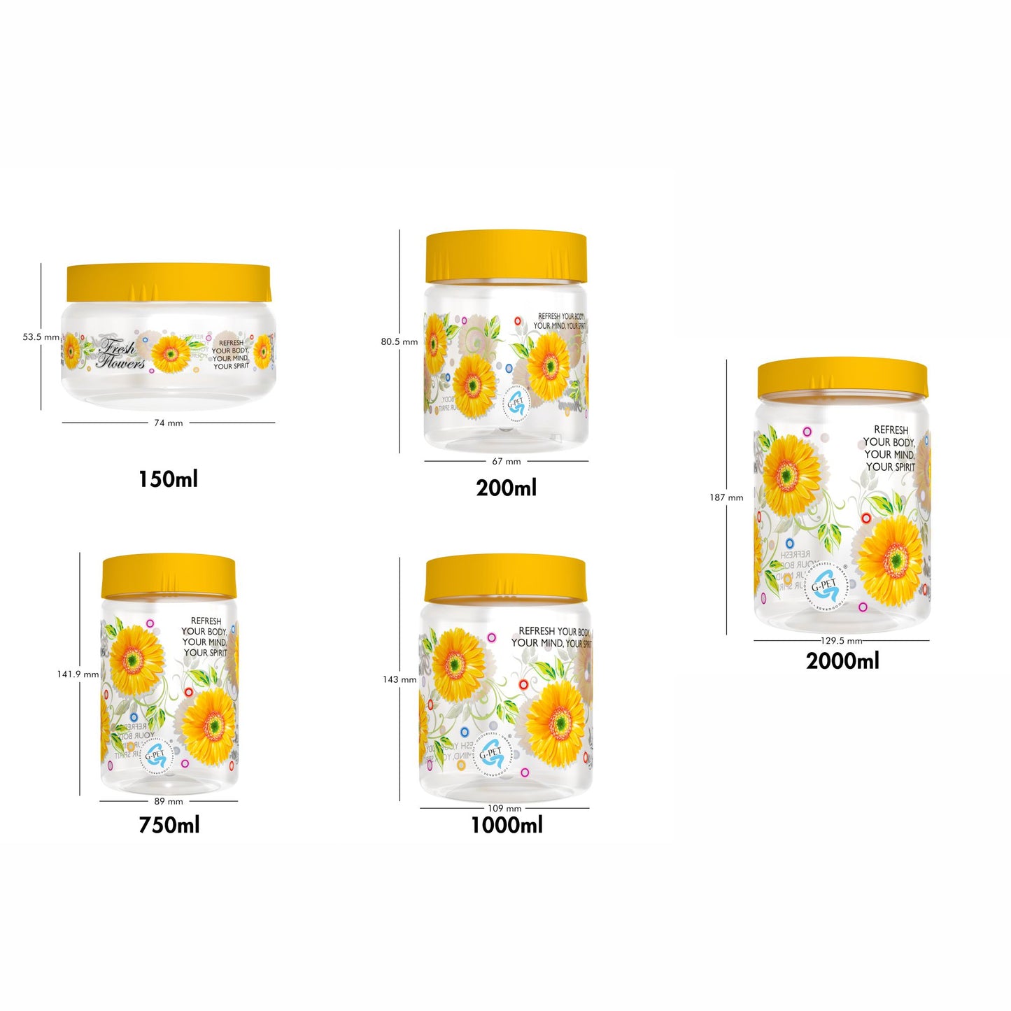 Print Magic Container Yellow Pack of 15 - 2000ml (3 pcs), 1000ml (3 pcs), 750ml (3 pcs), 200ml (3 pcs), 150ml (3 pcs)
