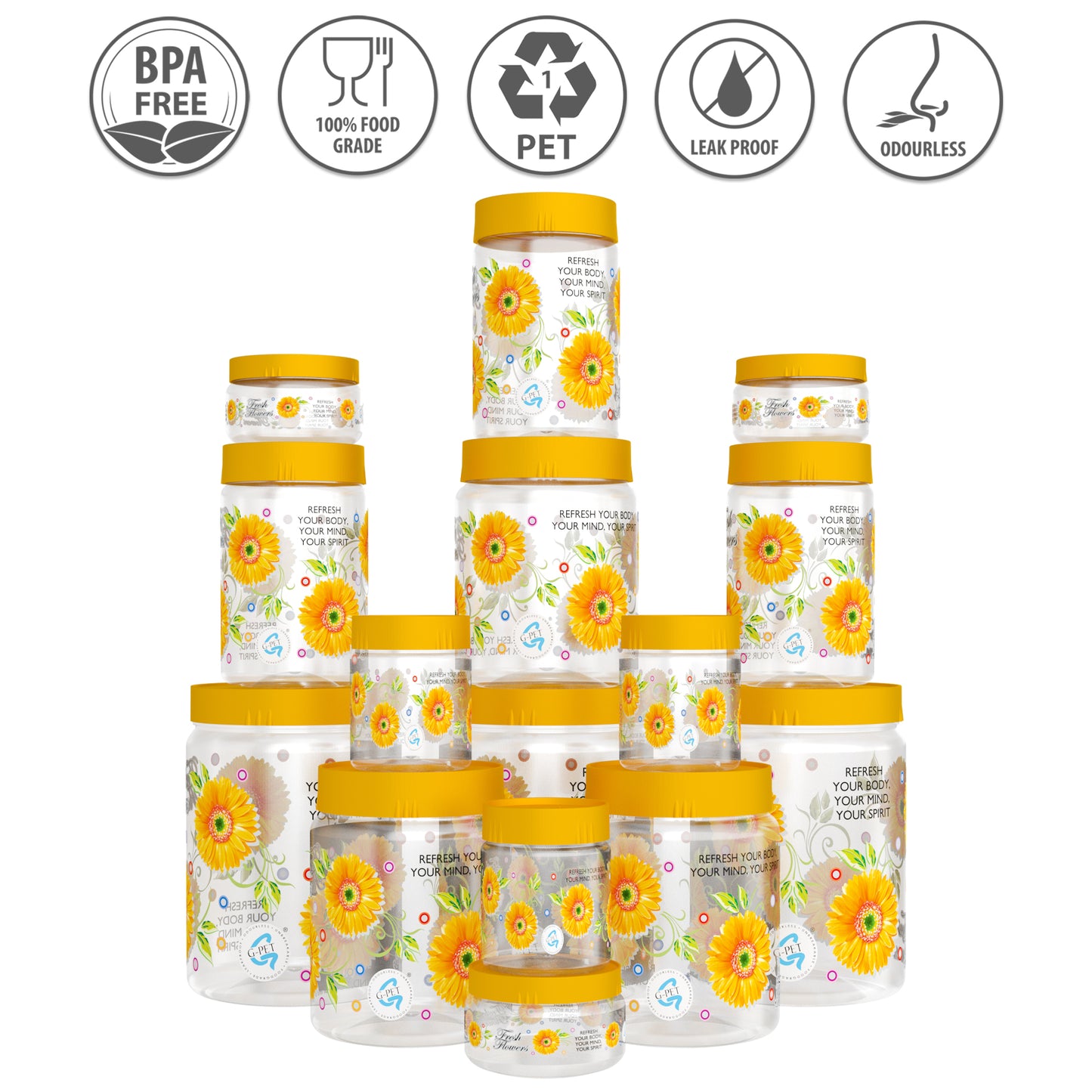 Print Magic Container Yellow Pack of 15 - 2000ml (3 pcs), 1000ml (3 pcs), 750ml (3 pcs), 200ml (3 pcs), 150ml (3 pcs)