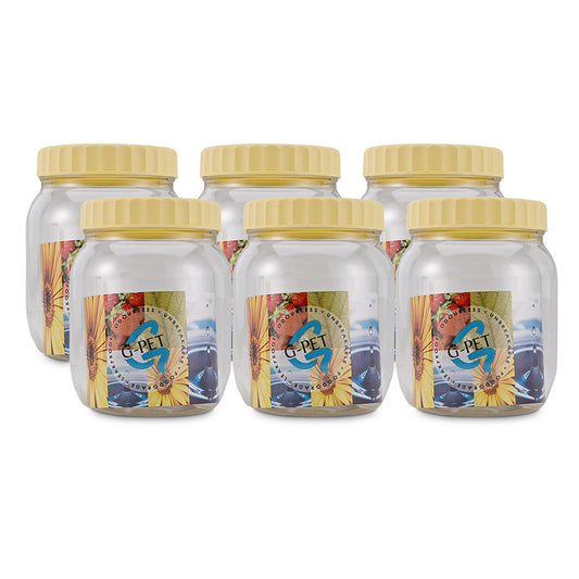 Set of six round jar containers with yellow lids