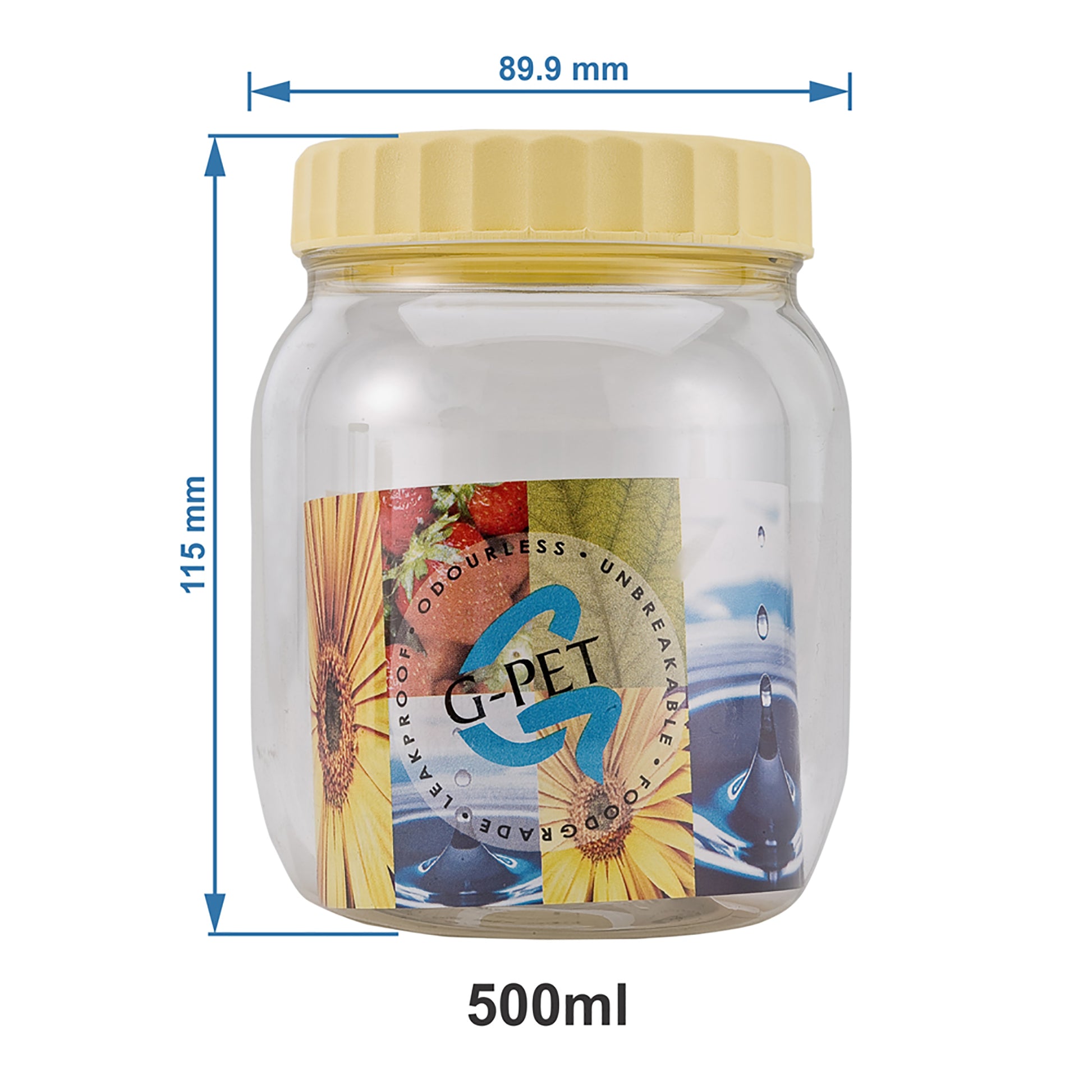Close-up of a round jar container with visible measurements